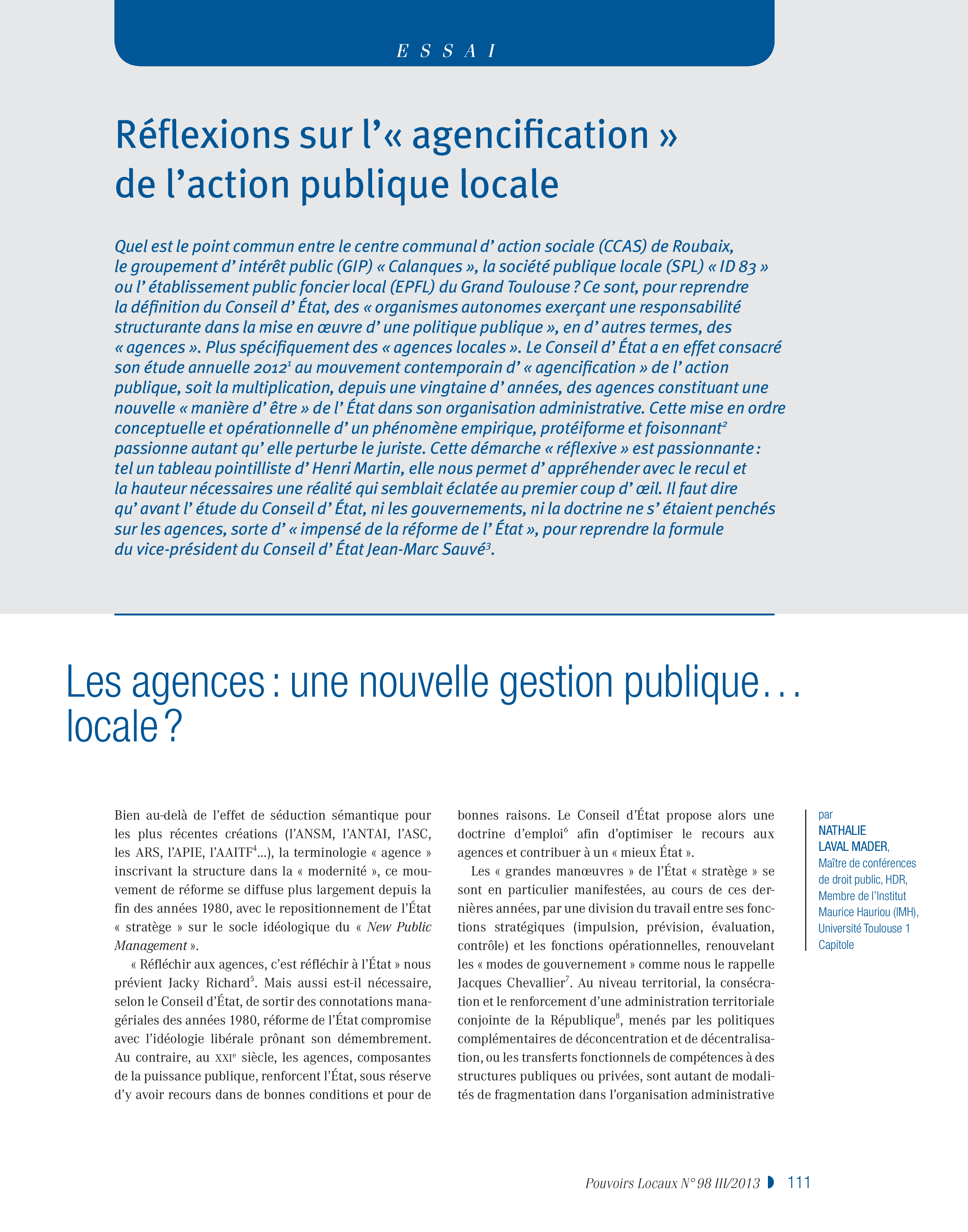 Article : Réflexions sur l’« agencification« de l’action publique locale. Les agences : une nouvelle gestion publique… locale ?