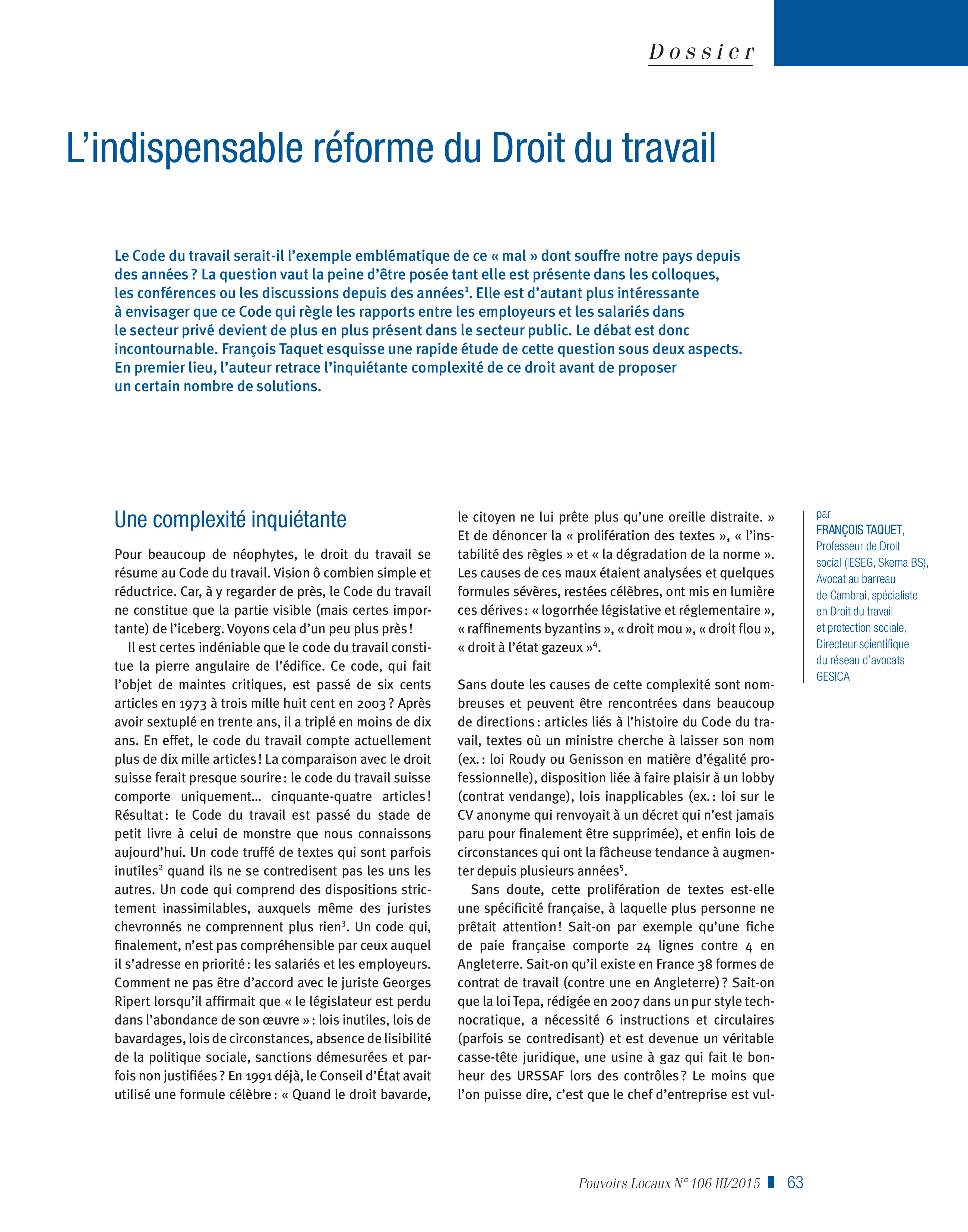 Article : L’indispensable réforme du Droit du travail
