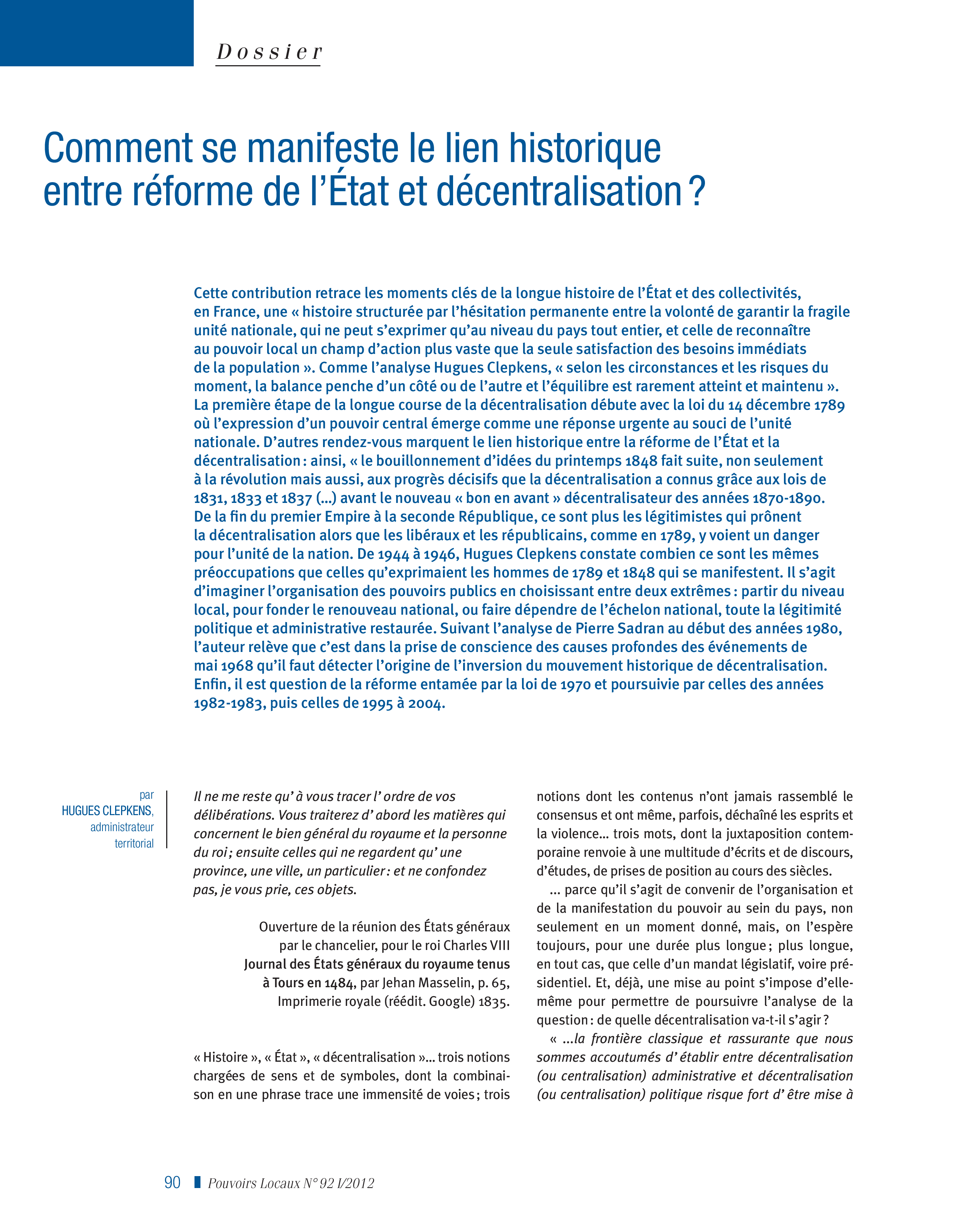 Article : Comment se manifeste le lien historique entre réforme de l’Etat et décentralisation ? 