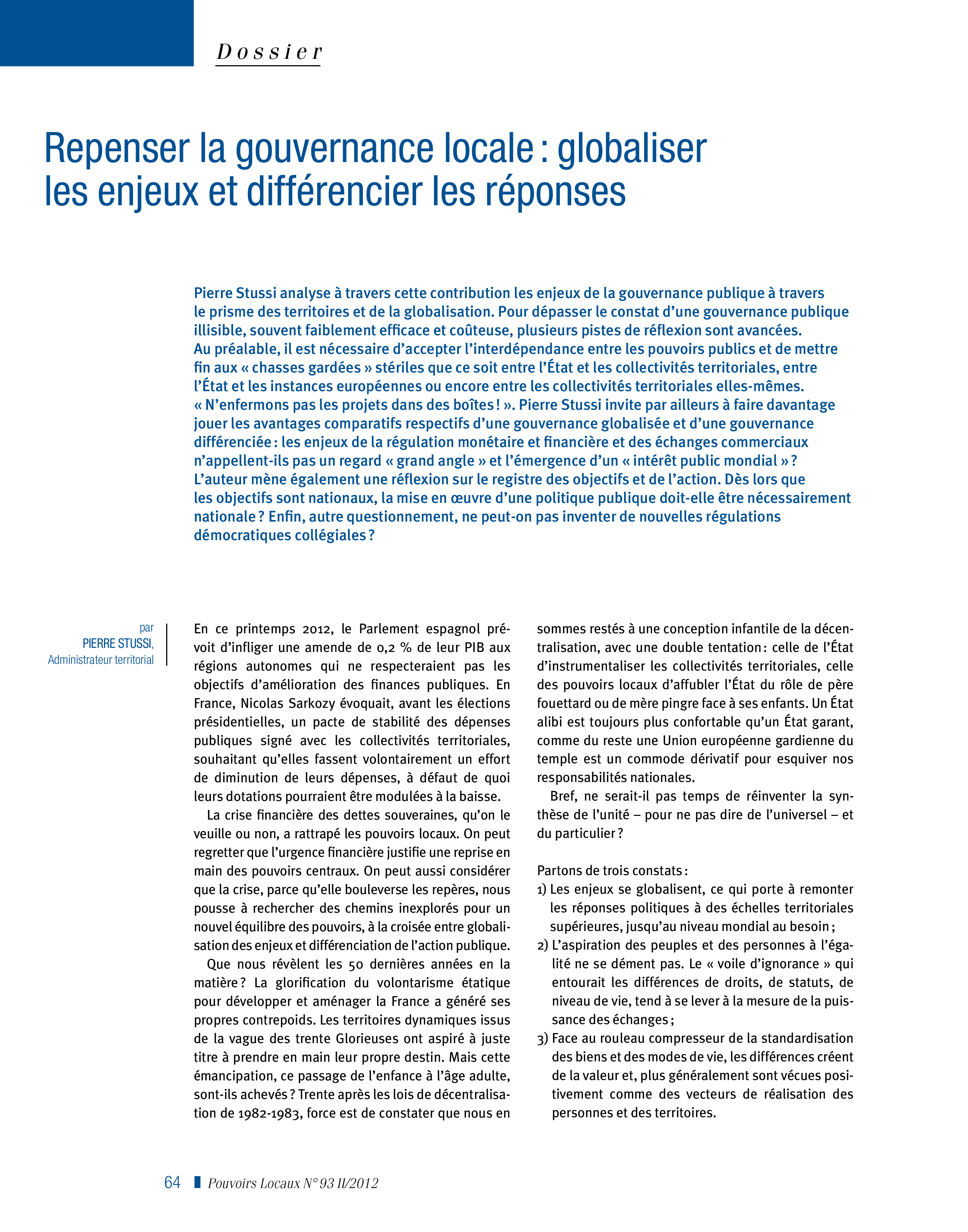 Article : Repenser la gouvernance locale : globaliser les enjeux et différencier les réponses