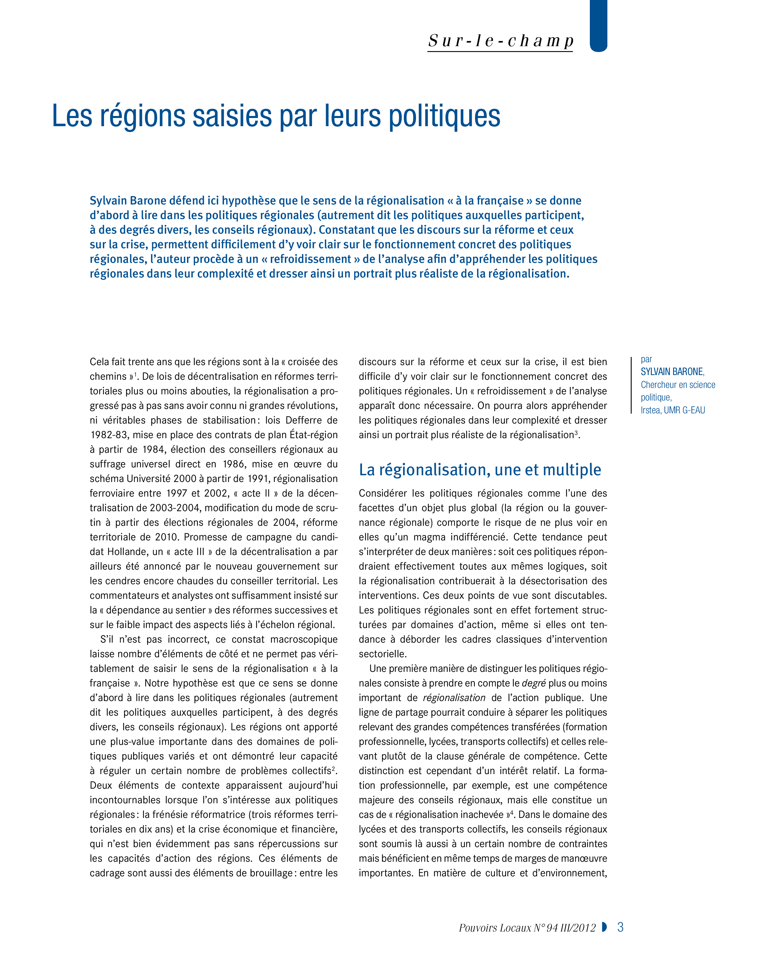 Article : Les régions saisies par leurs politiques 
