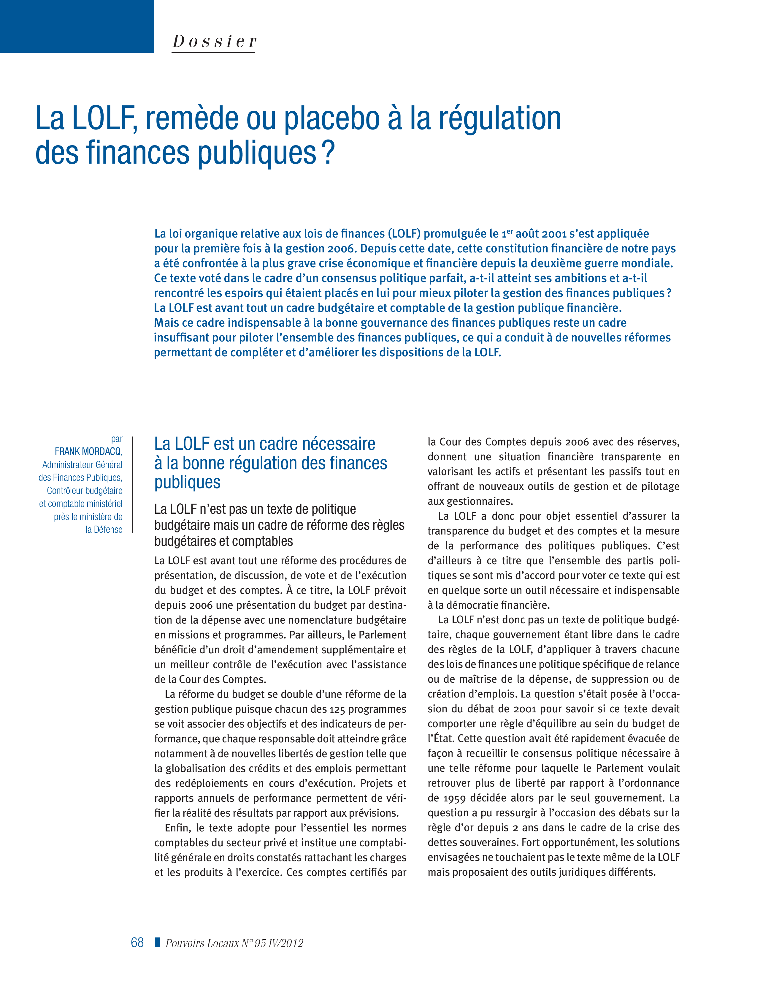Article : La LOLF, remède ou placebo à la régulation des finances publiques ? 