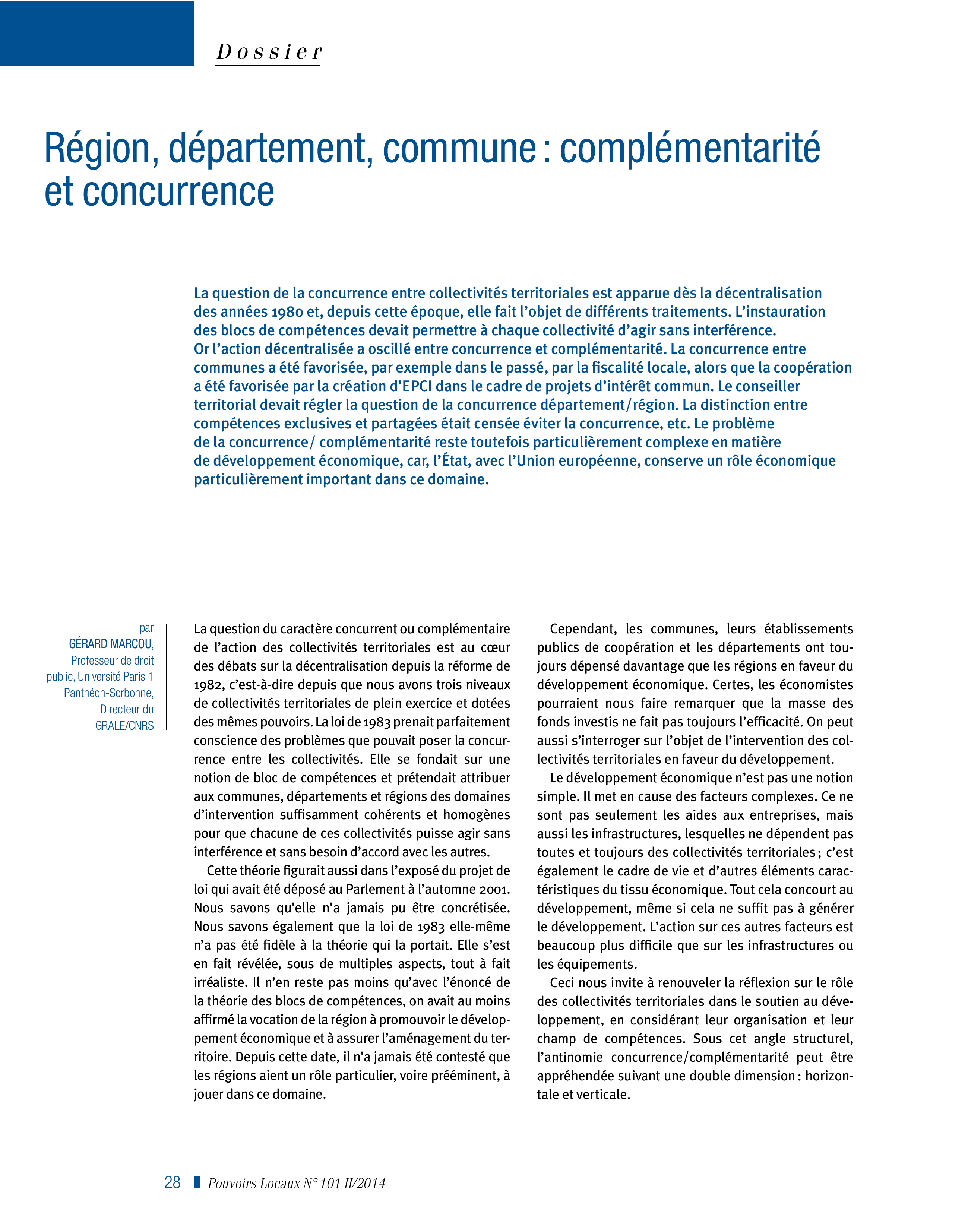 Article : Région, département, commune : complémentarité et concurrence