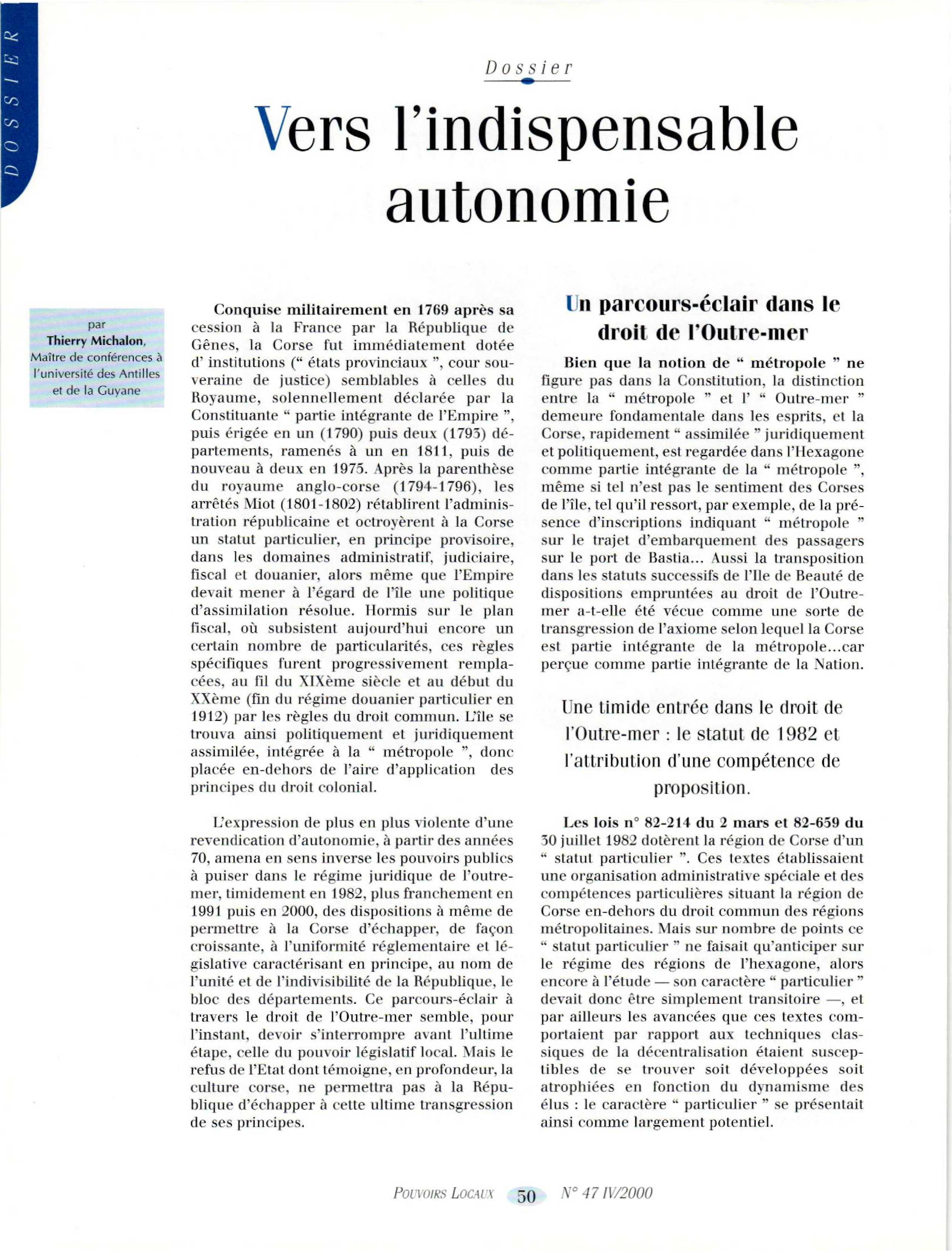 Article : CORSE : UNE REGION AUTONOME DANS LA REPUBLIQUE