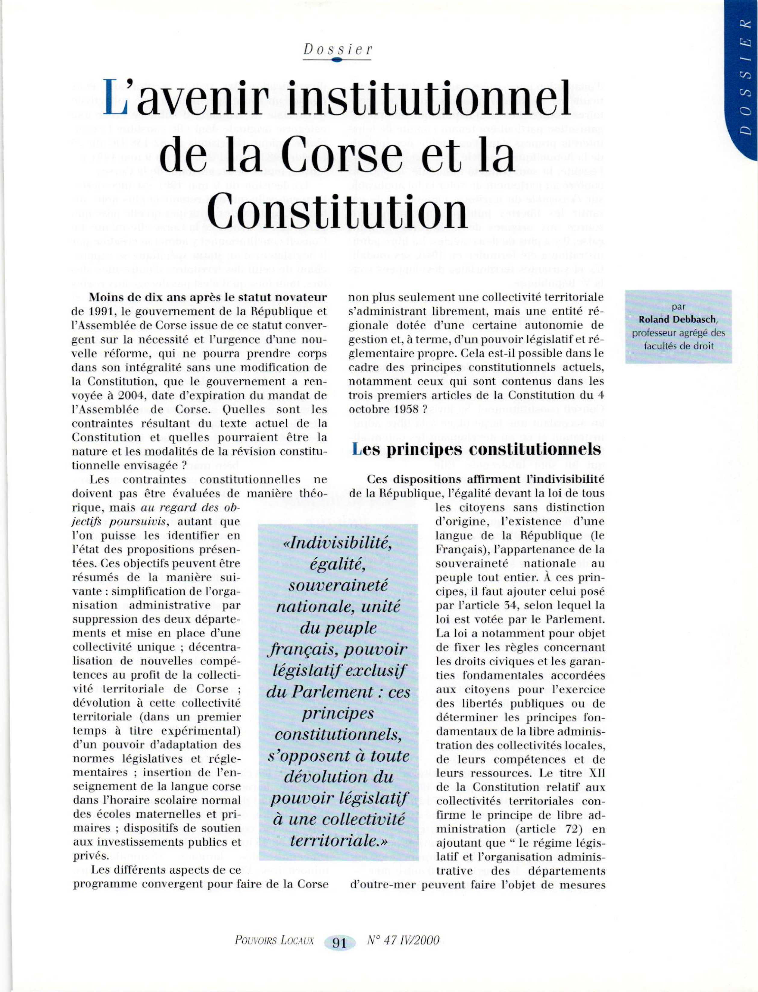 Article : L’avenir institutionnel de la Corse et la Constitution