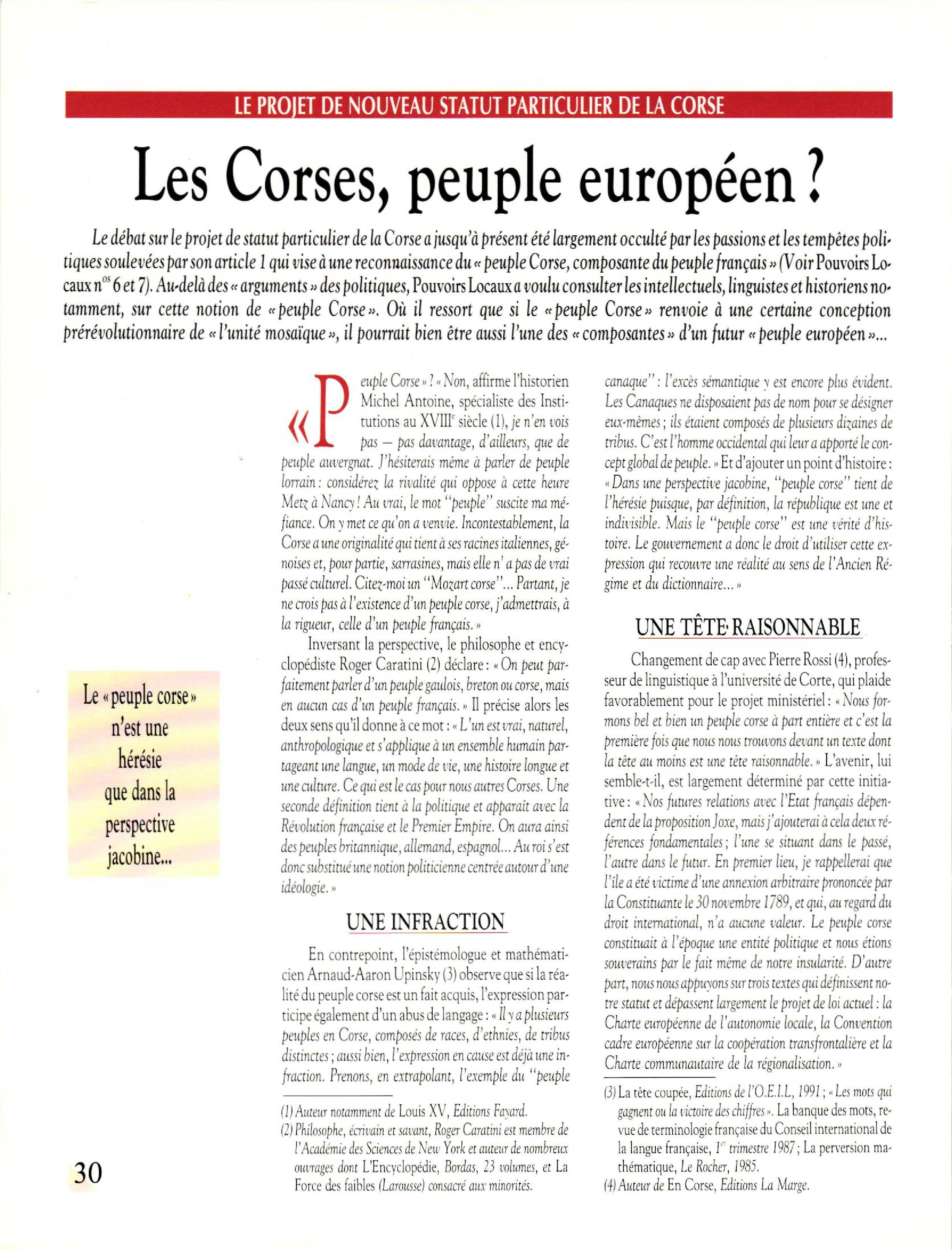 Article : Le projet de nouveau statut particulier de Ia Corse. Les Corses, peuple européen ?
