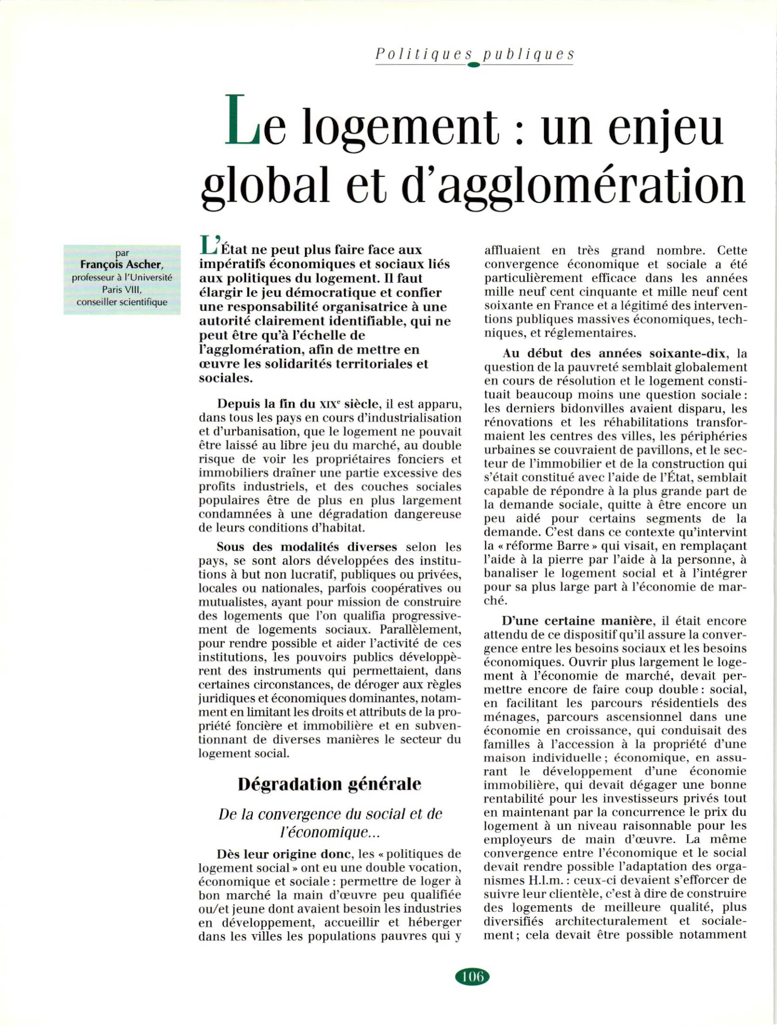 Article : Le logement : un enjeu global et d’agglomération