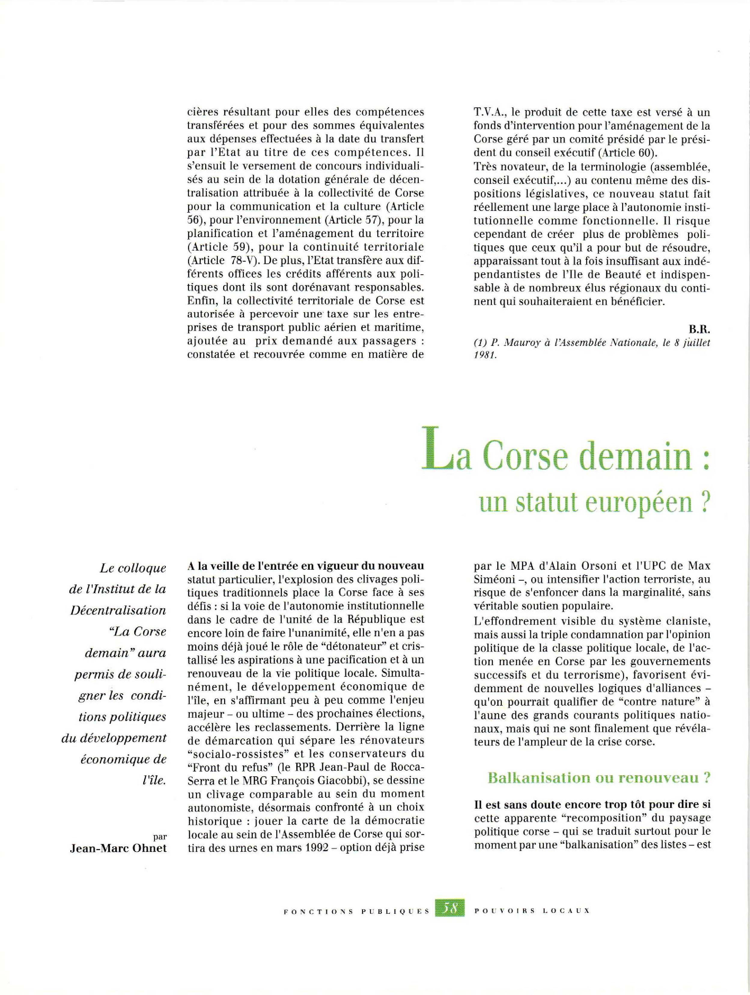 Article : La Corse demain : un statut européen ?