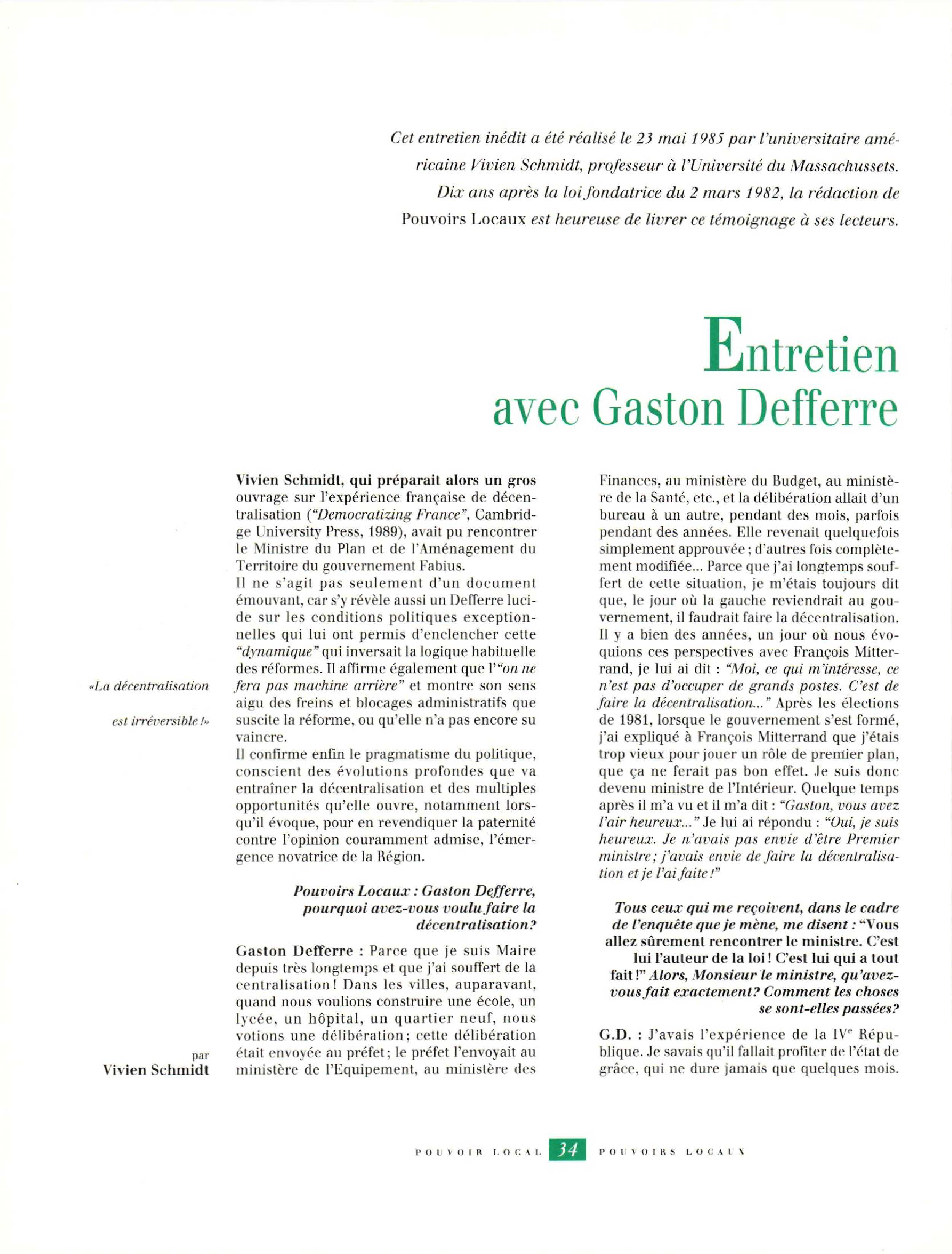 Article : Entretien inédit avec Gaston Defferre