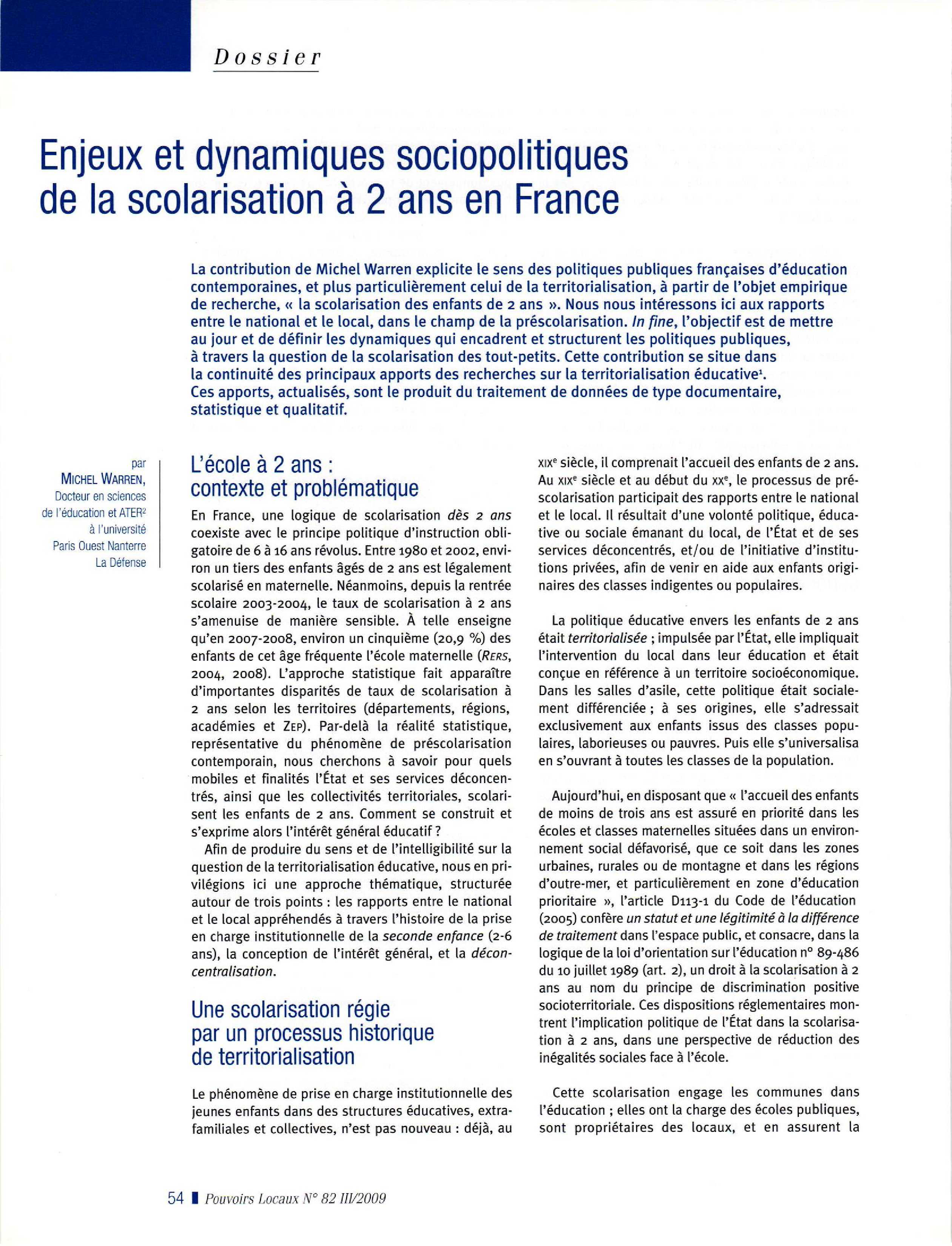 Article : Enjeux et dynamiques sociopolitiques de la scolarisation à 2 ans en France