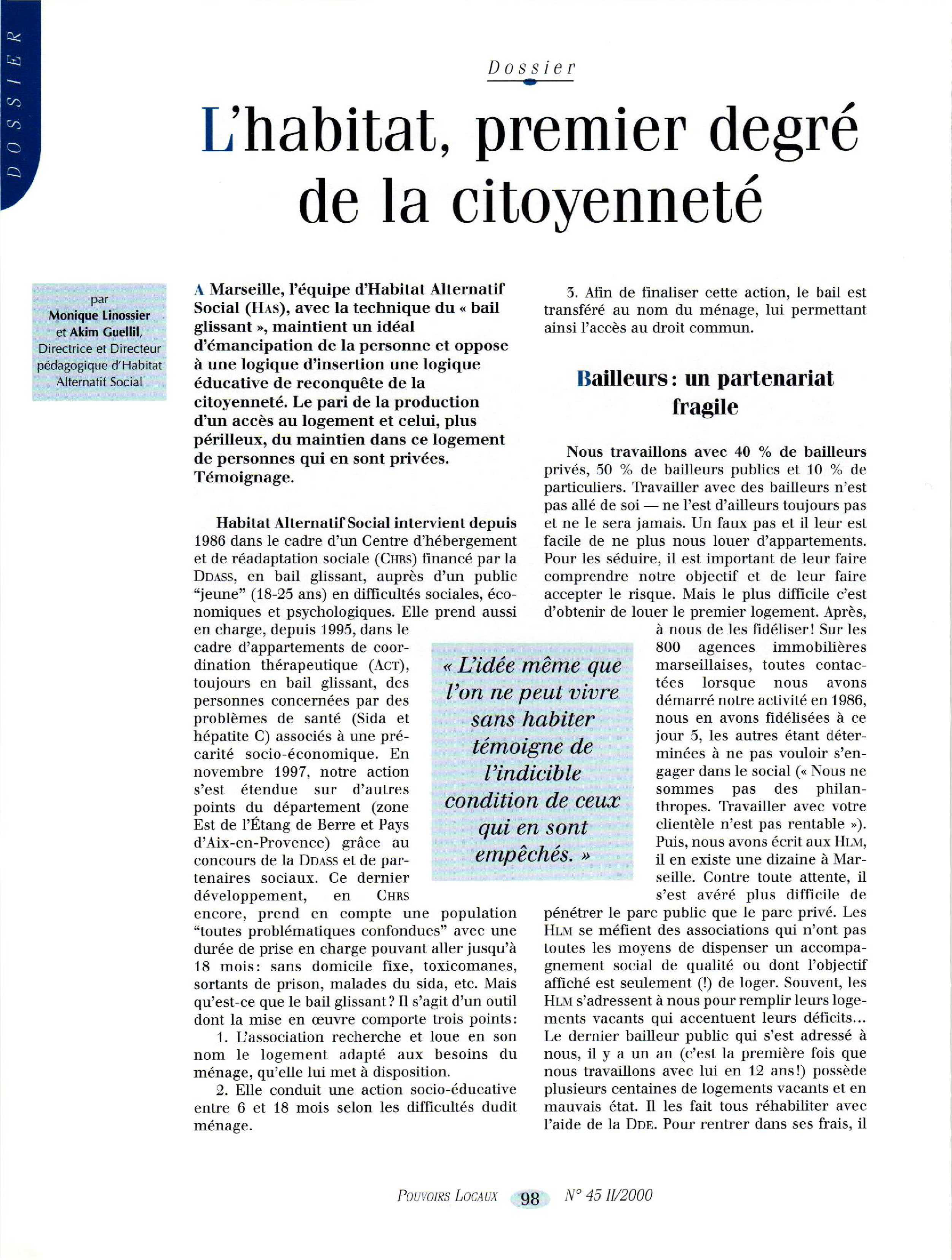 Article : L’habitat, premier degré de la citoyenneté