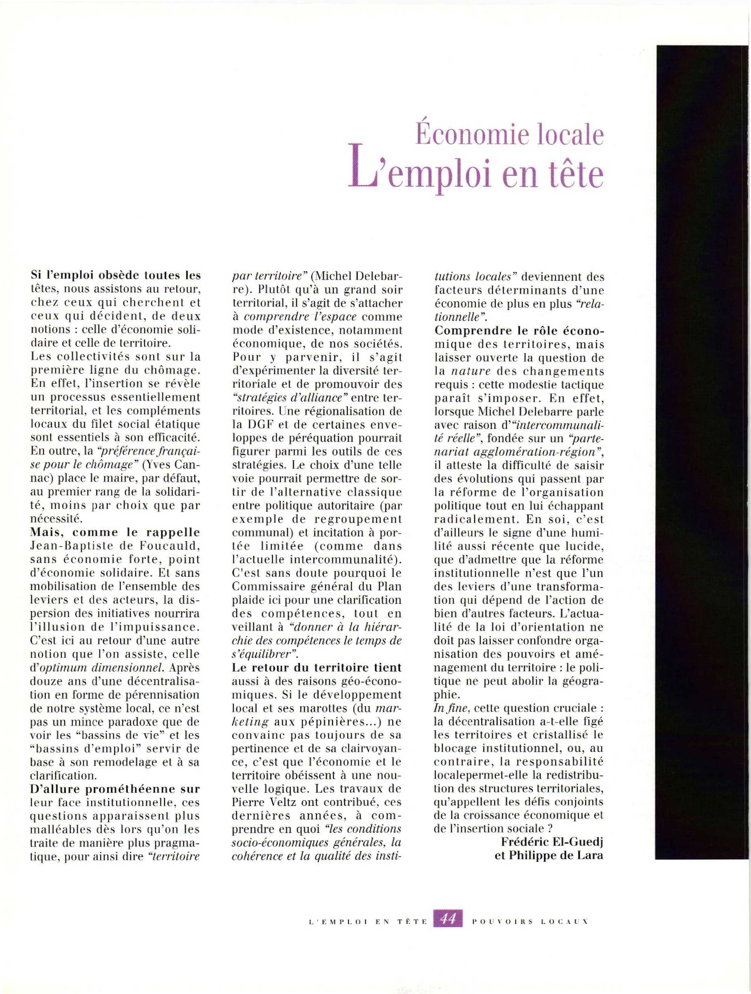 Article : Économie locale L’emploi en tête