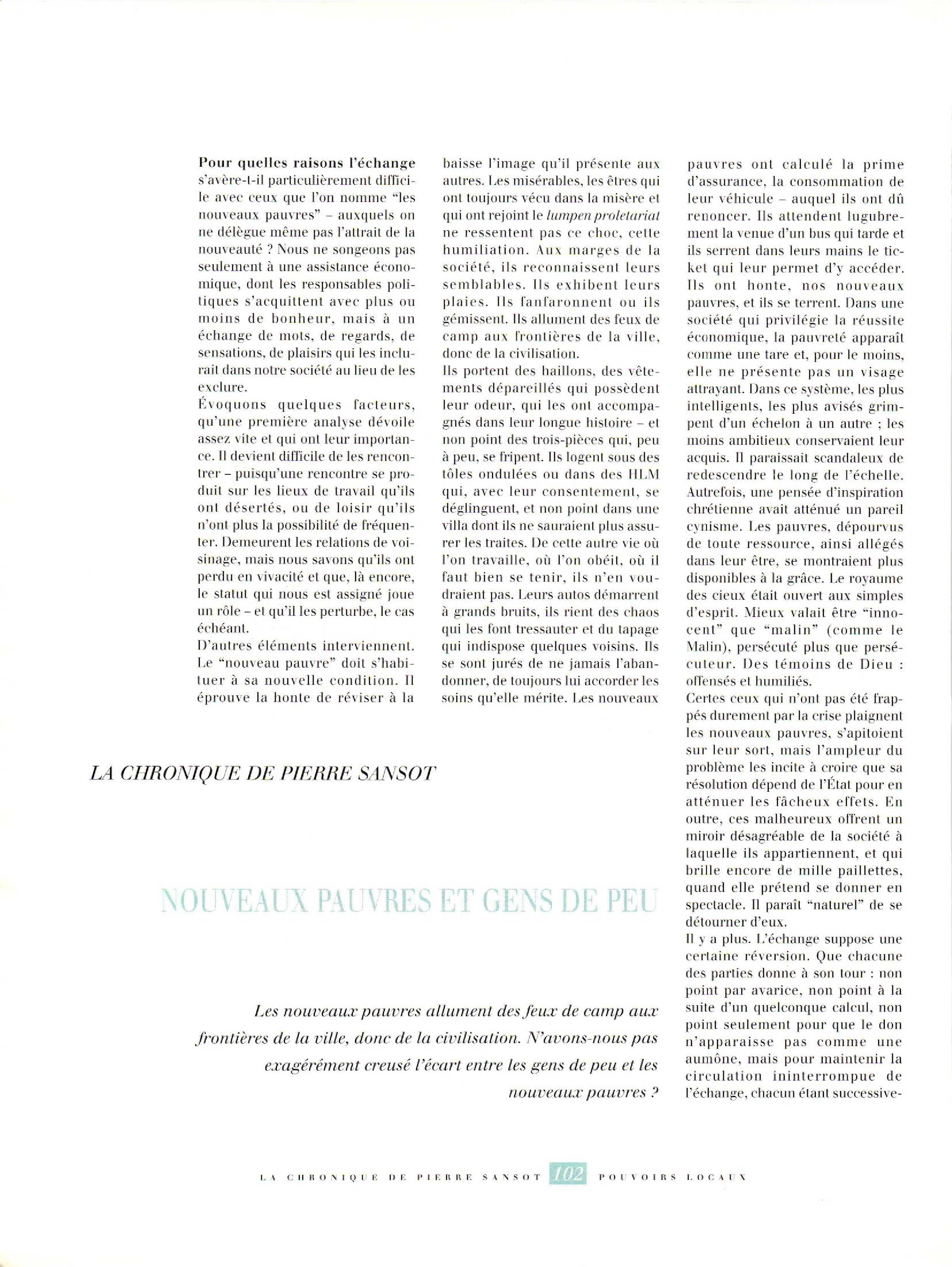 Article : LA CHRONIQUE DE P. SANSOT