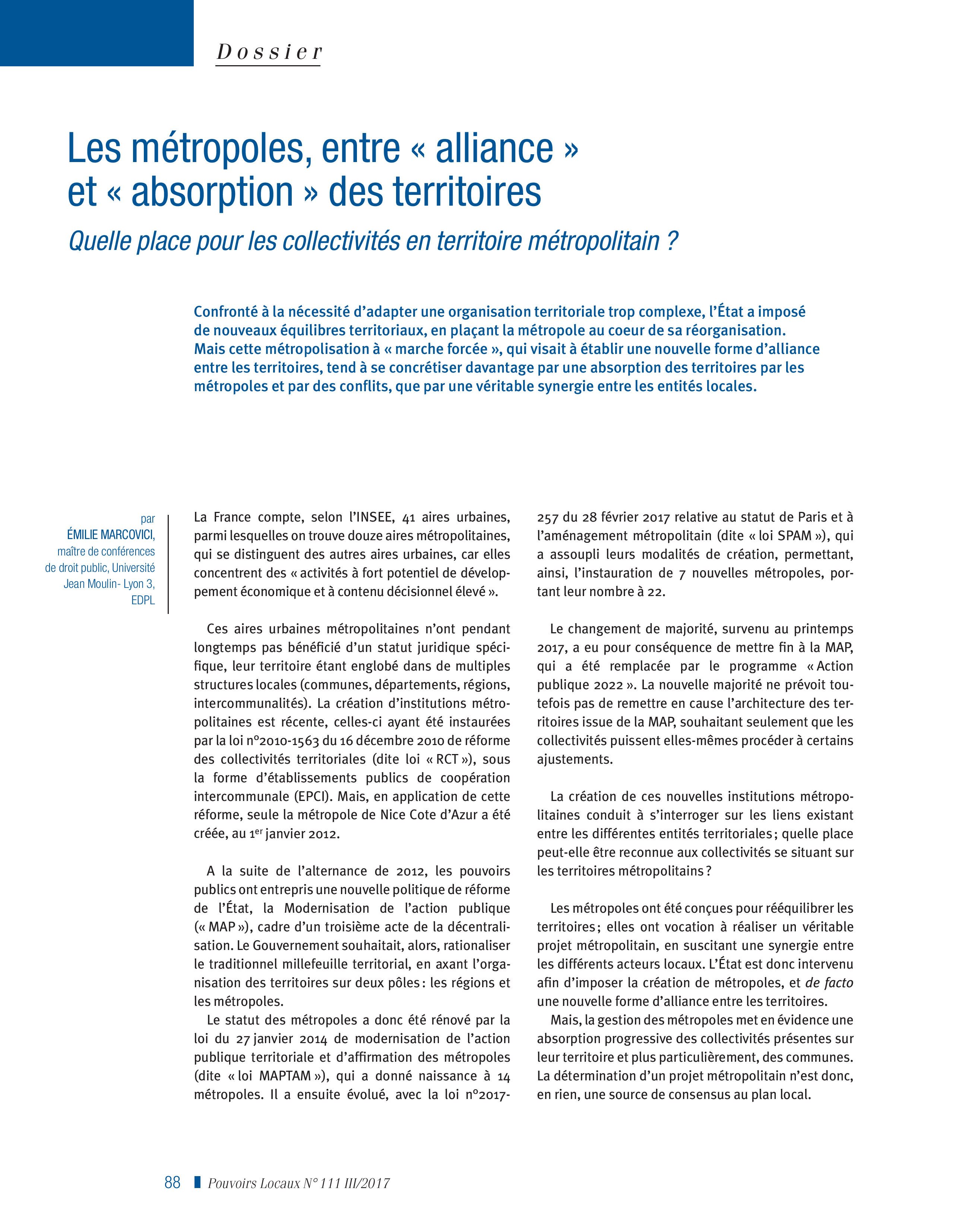 Article : Les métropoles, entre « alliances » et « absorption » des territoires : Quelle place pour les collectivités en territoire métropolitain ?