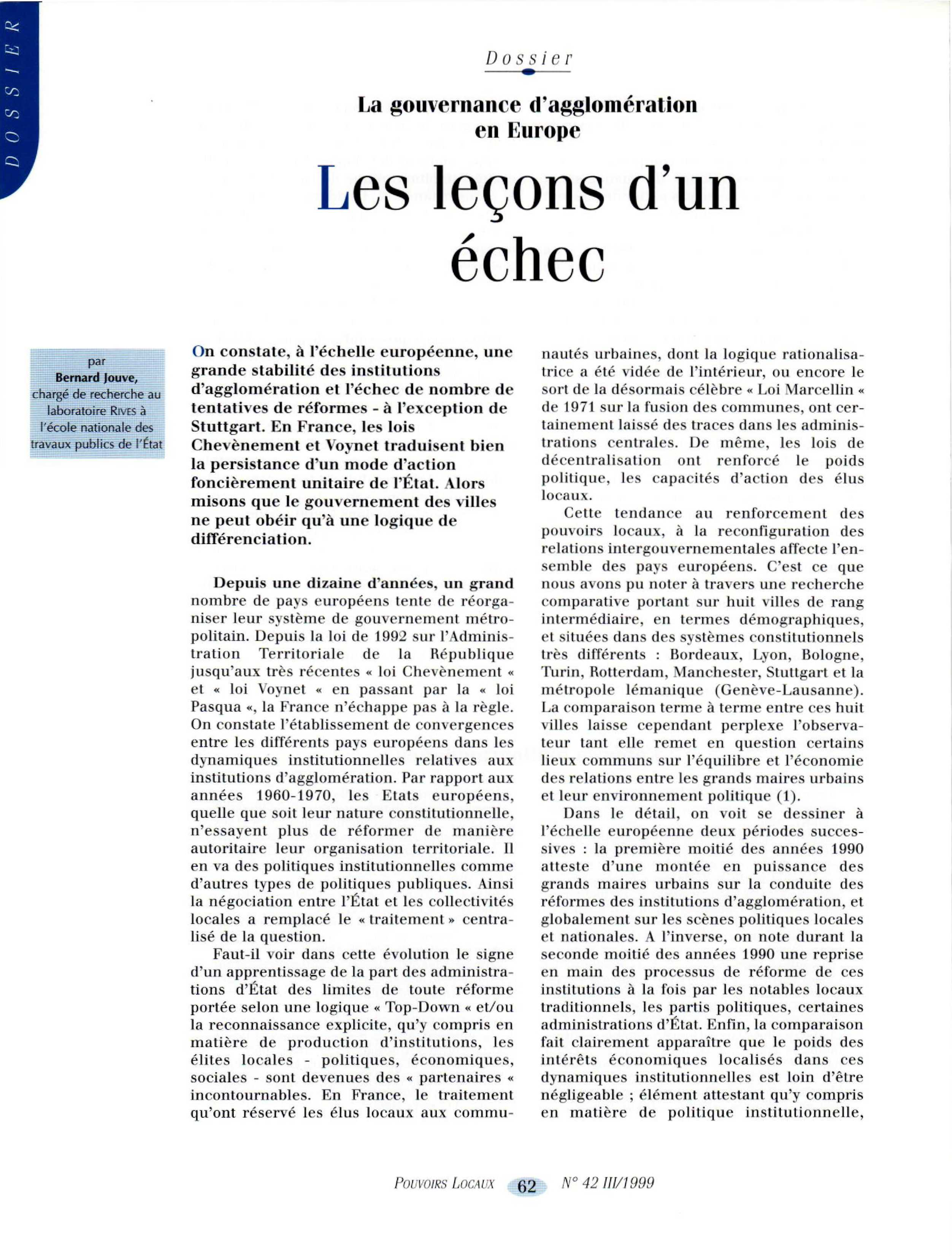 Article : Europe : la gouvrenance d’agglomération en échec