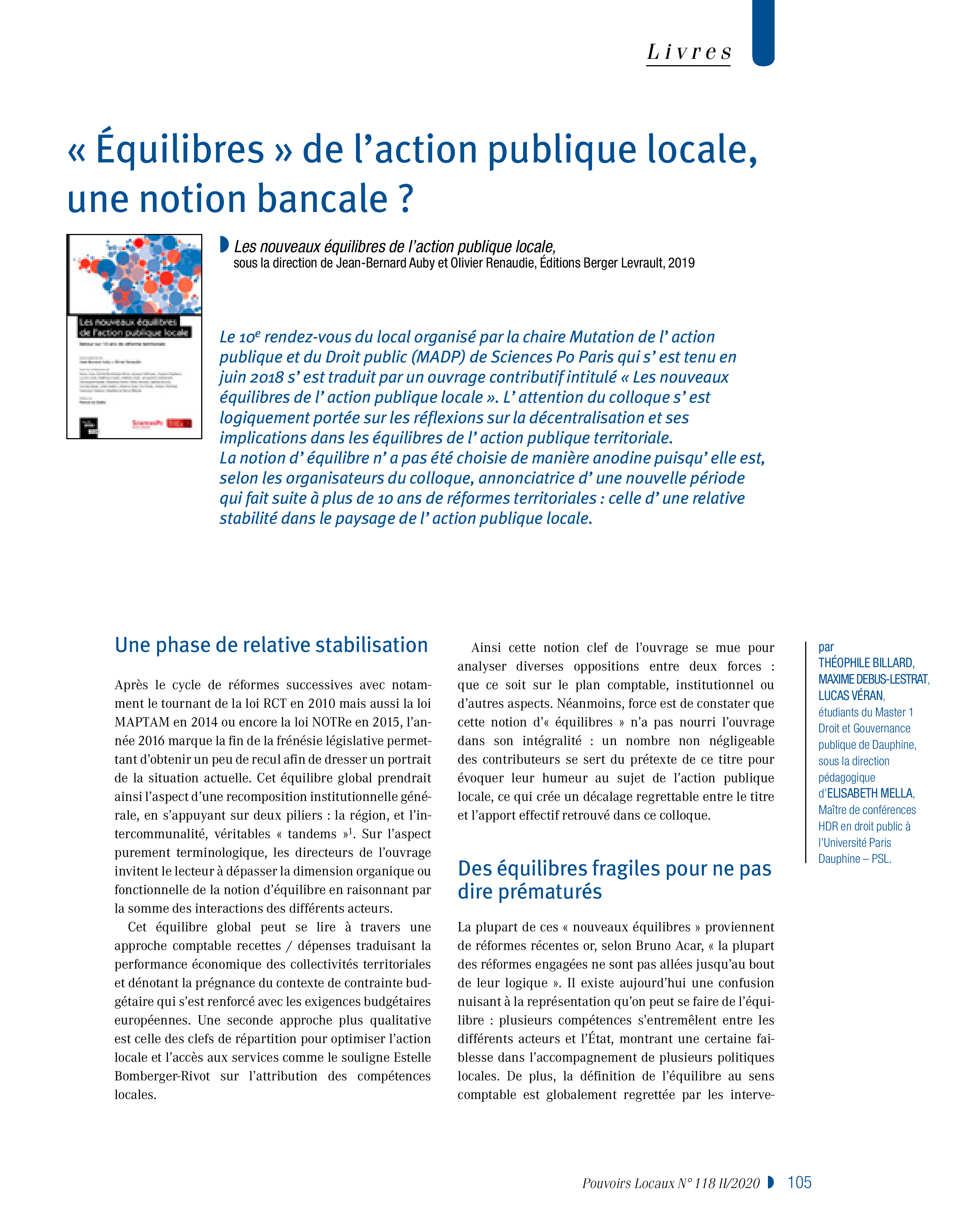 Article : « Equilibres » de l’action publique locale, une notion bancale ? 