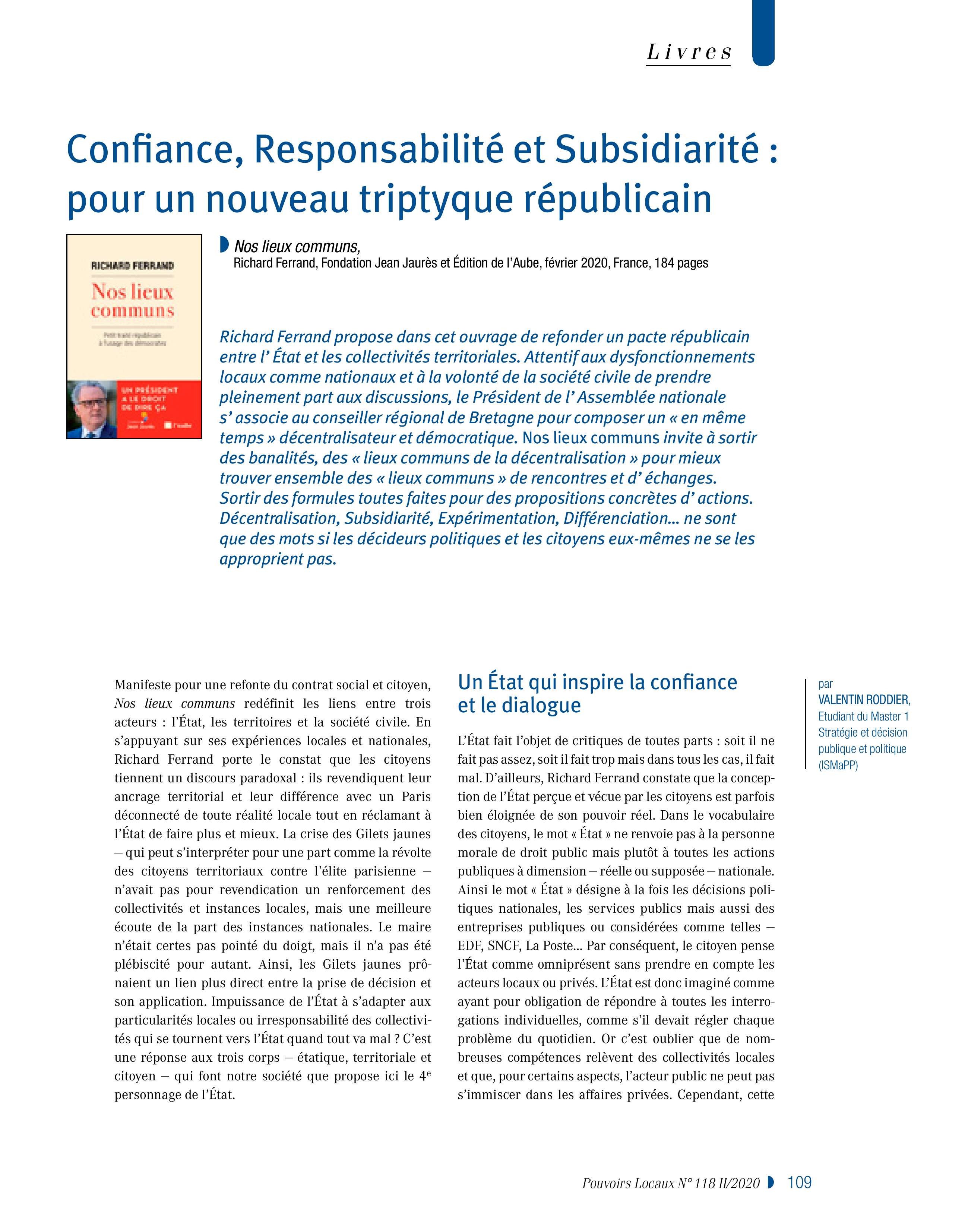 Article : Confiance, Responsabilité et Subsidiarité : pour un nouveau triptyque républicain