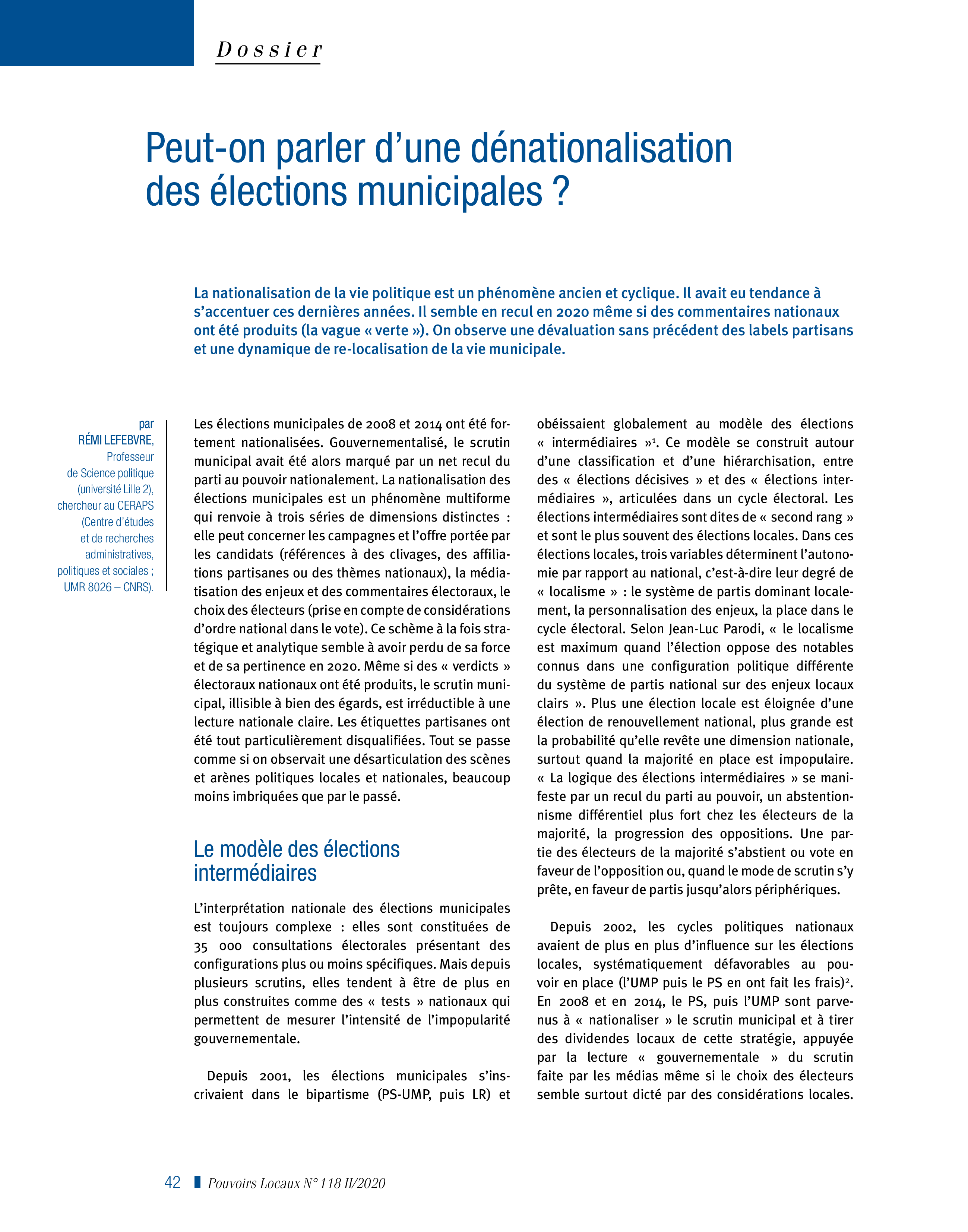 Article : Peut-on parler d’une dénationalisation des élections municipales ? 