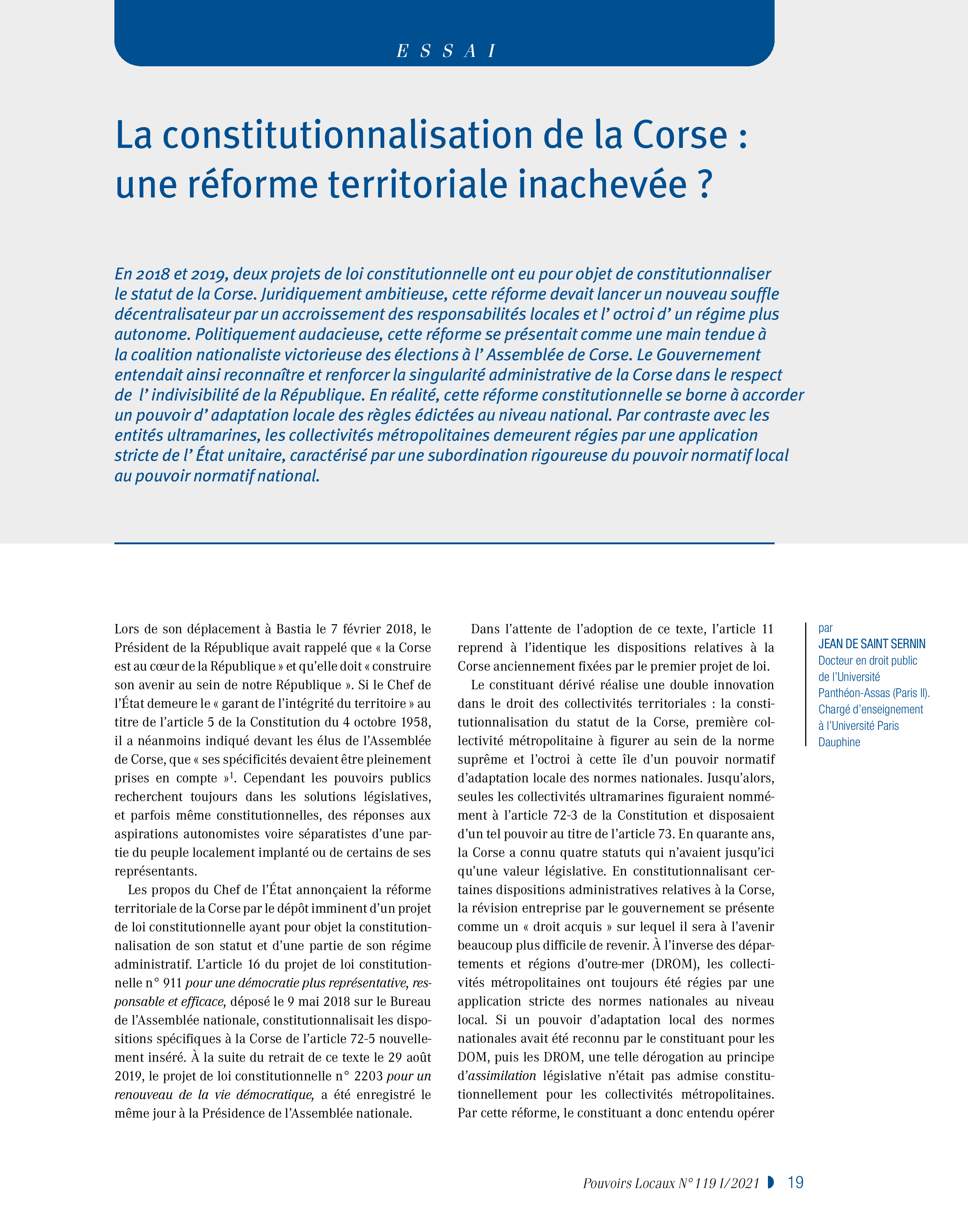 Article : La constitutionnalisation de la Corse : une réforme territoriale inachevée ?