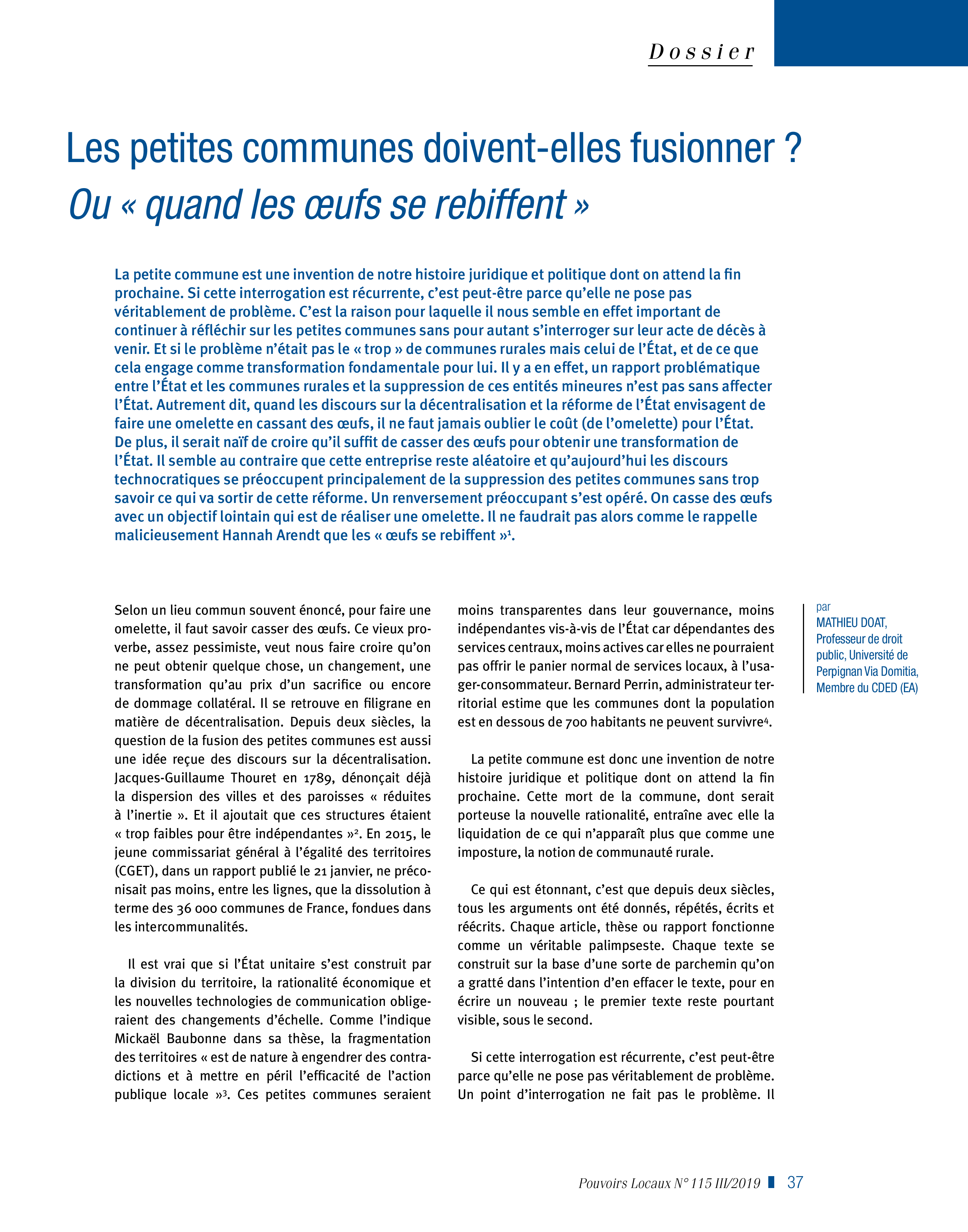 Article : Les petites communes doivent-elles fusionner ? Ou « quand les œufs se rebiffent »