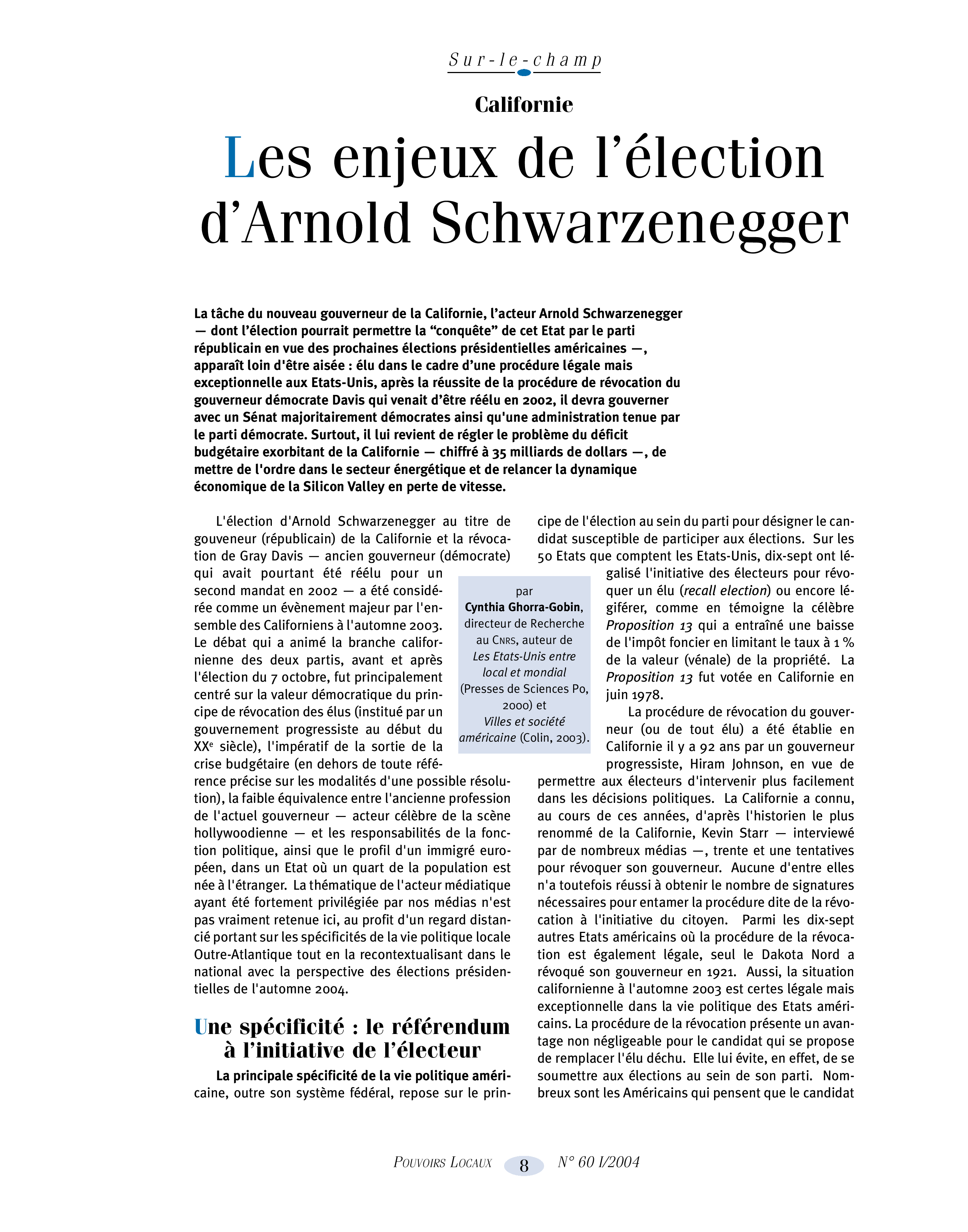 Article : Les enjeux de l’élection d’Arnold Schwarzenegger