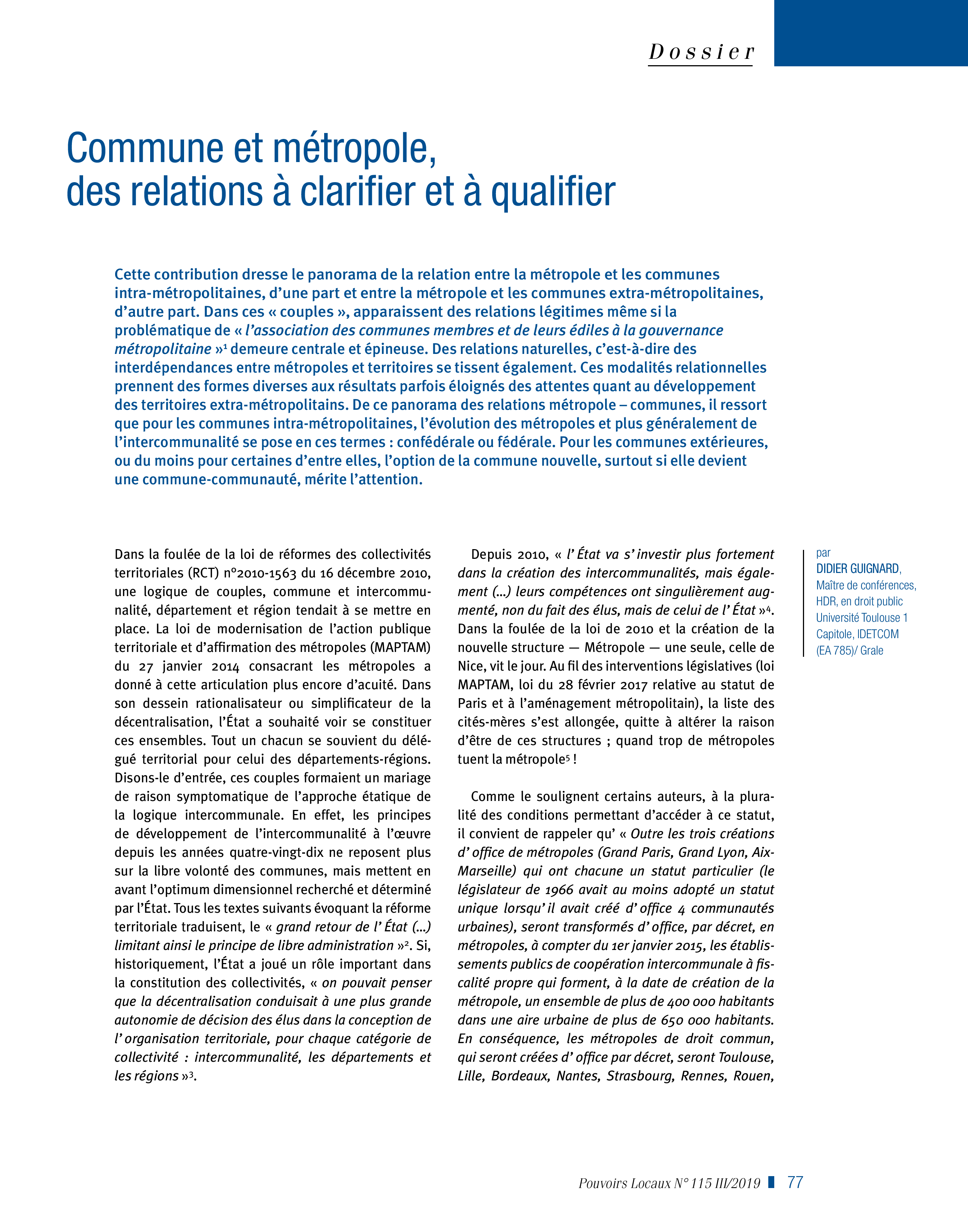 Article : Commune et métropole, des relations à clarifier et à qualifier