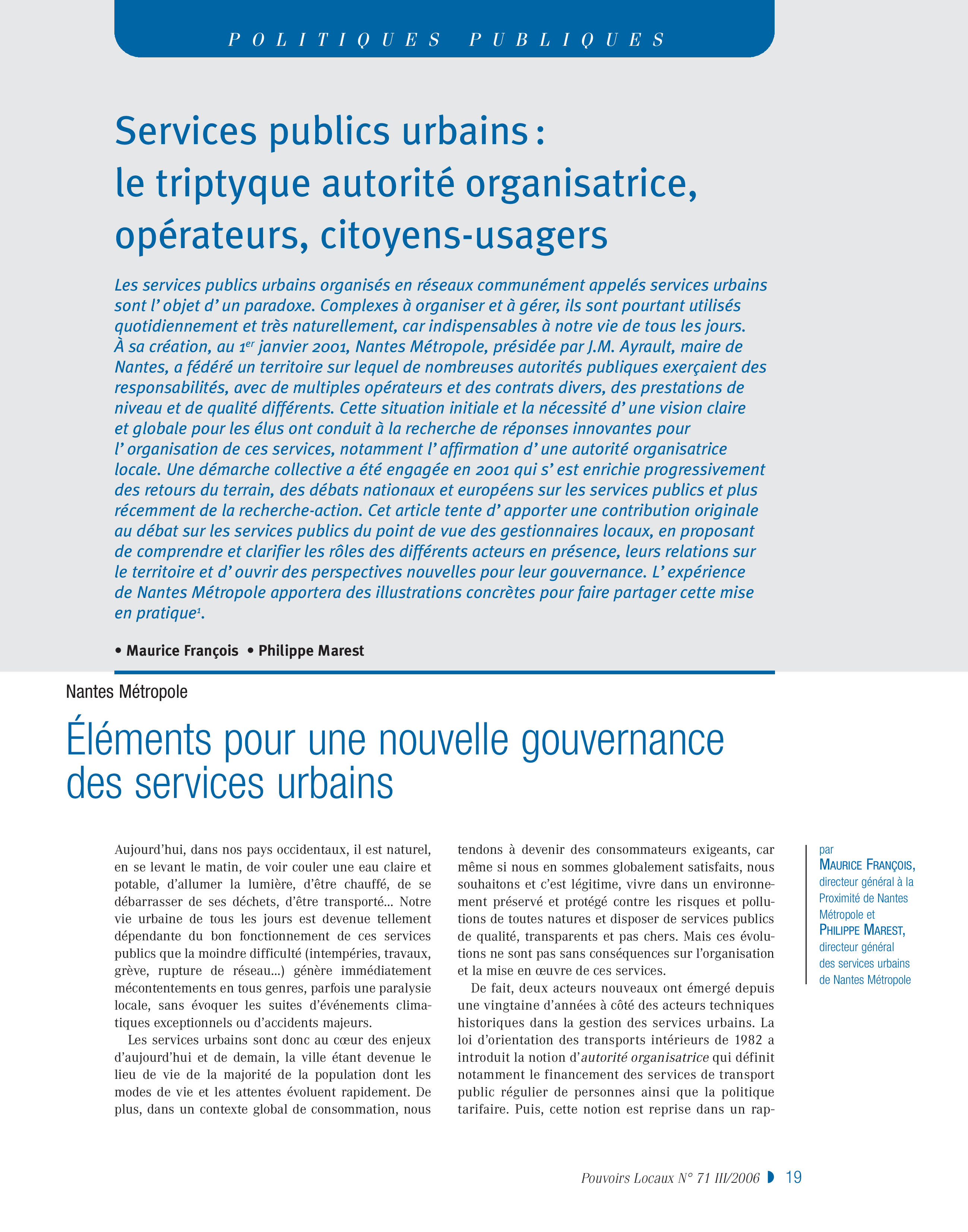 Article : Nantes-Métropole : Eléments pour une nouvelle gouvernance des services publics urbains 