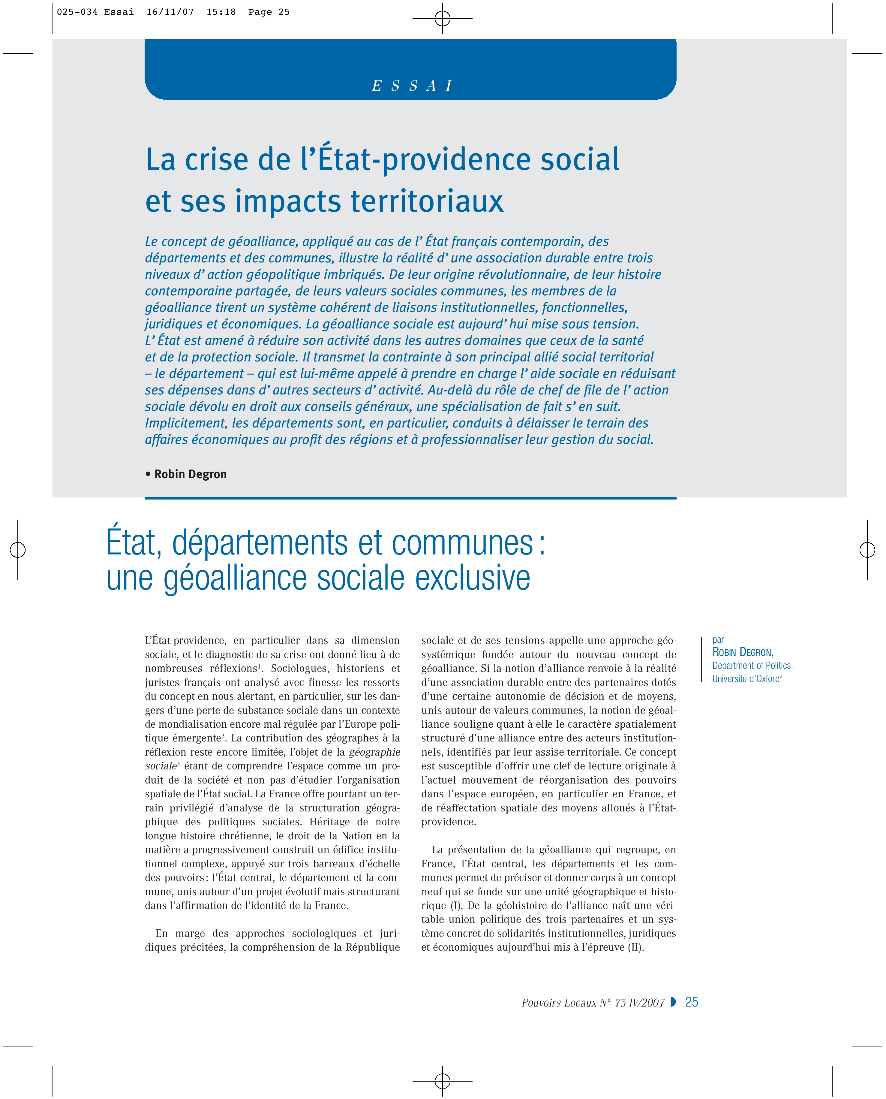 Article : Etat, départements et communes : une géoalliance sociale exclusive