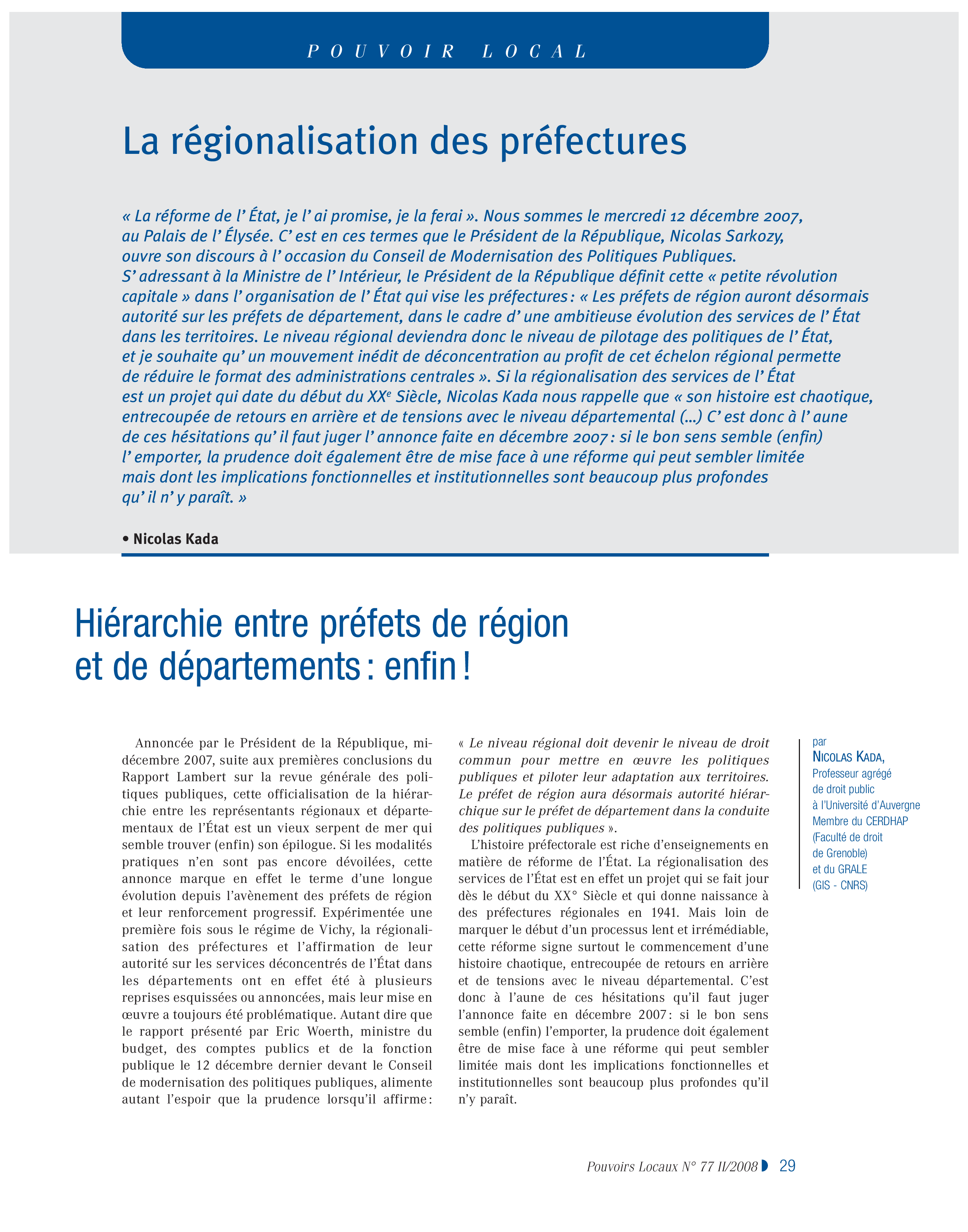 Article : La régionalisation des préfectures - Hierarchie entre préfets de région et de départements : enfin !