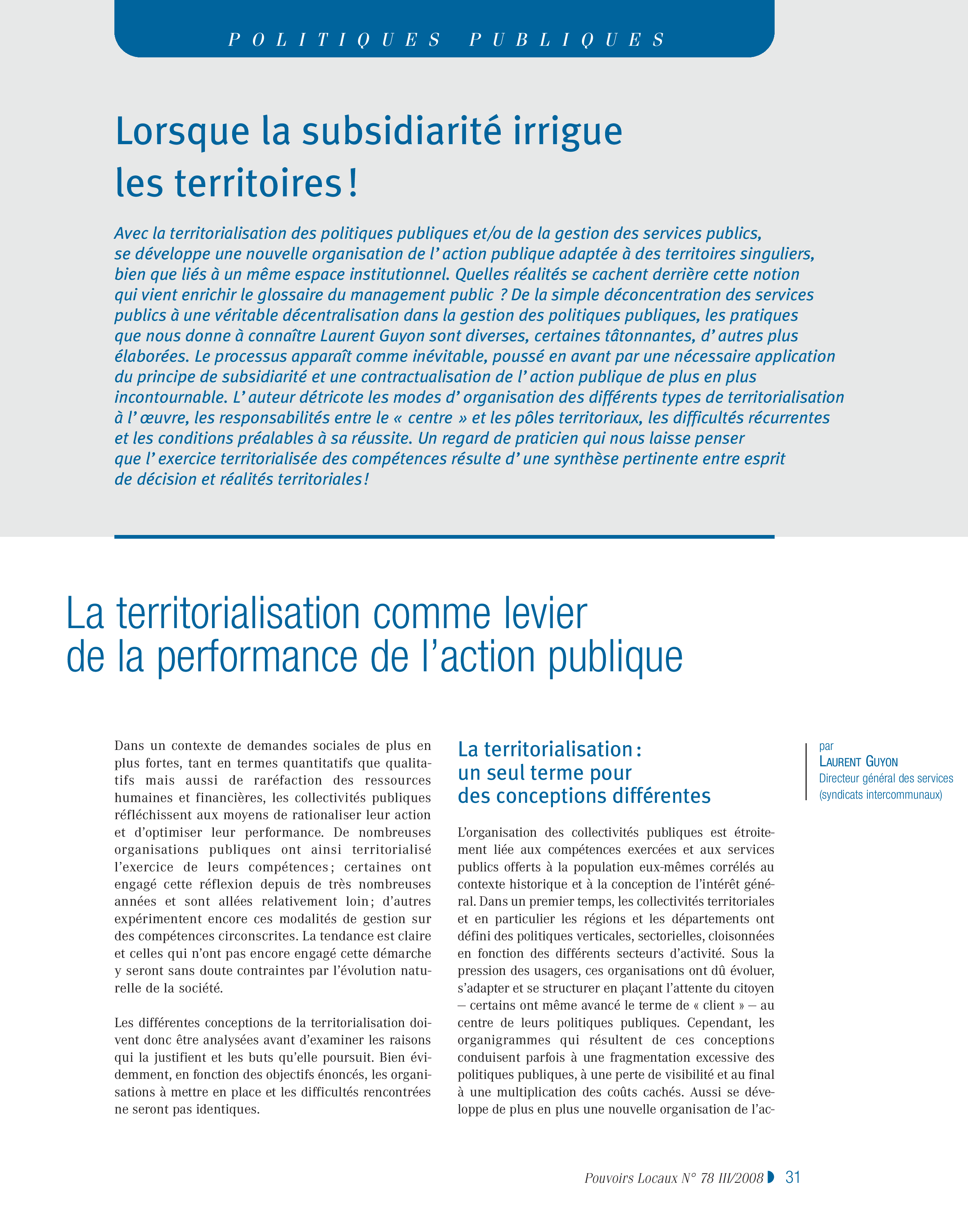 Article : Lorsque la subsidiarité irrigue les territoires - La territorialisation comme levier de la performance de l’action publique