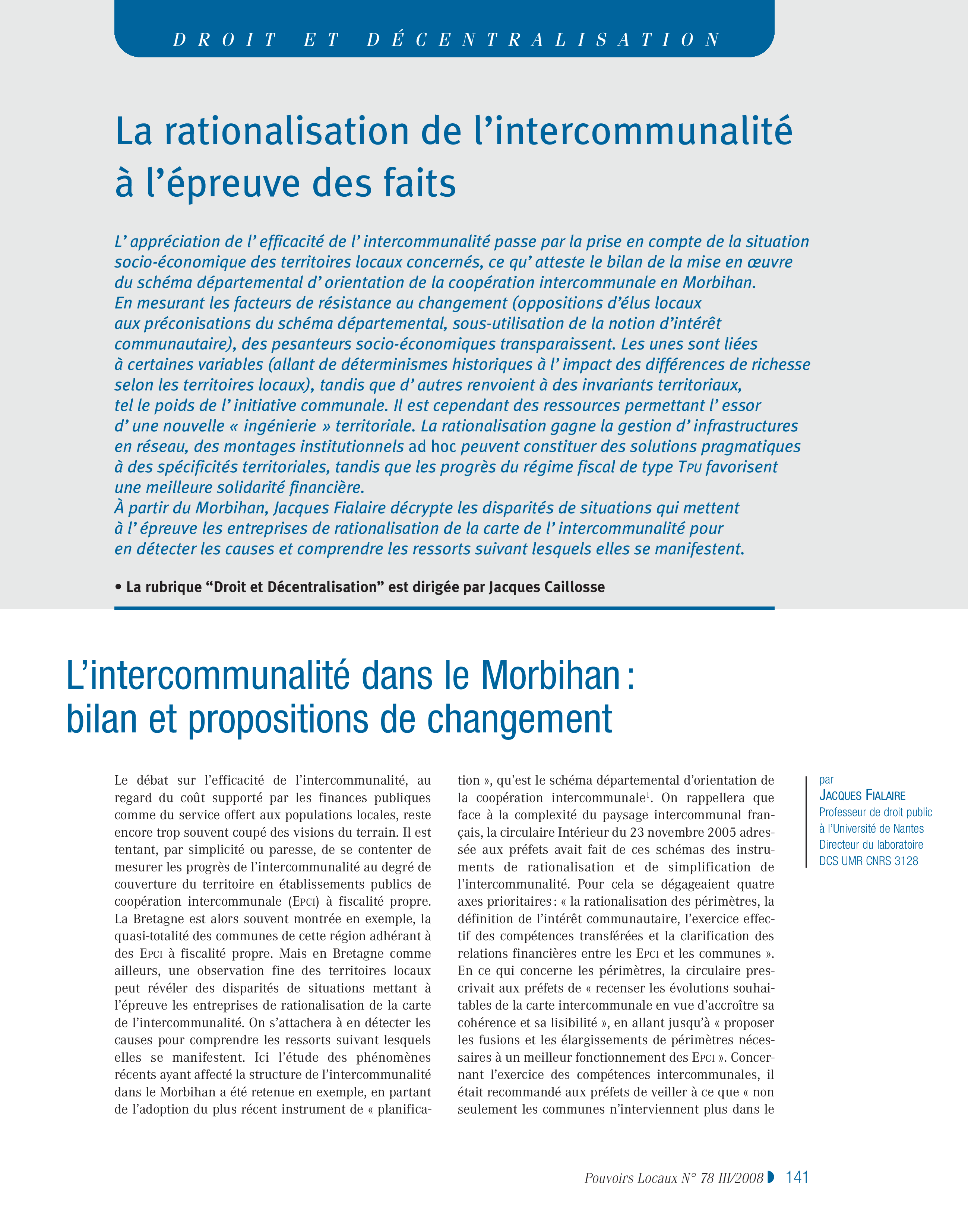 Article : La rationalisation de l’intercommunalité à l’épreuve des faits