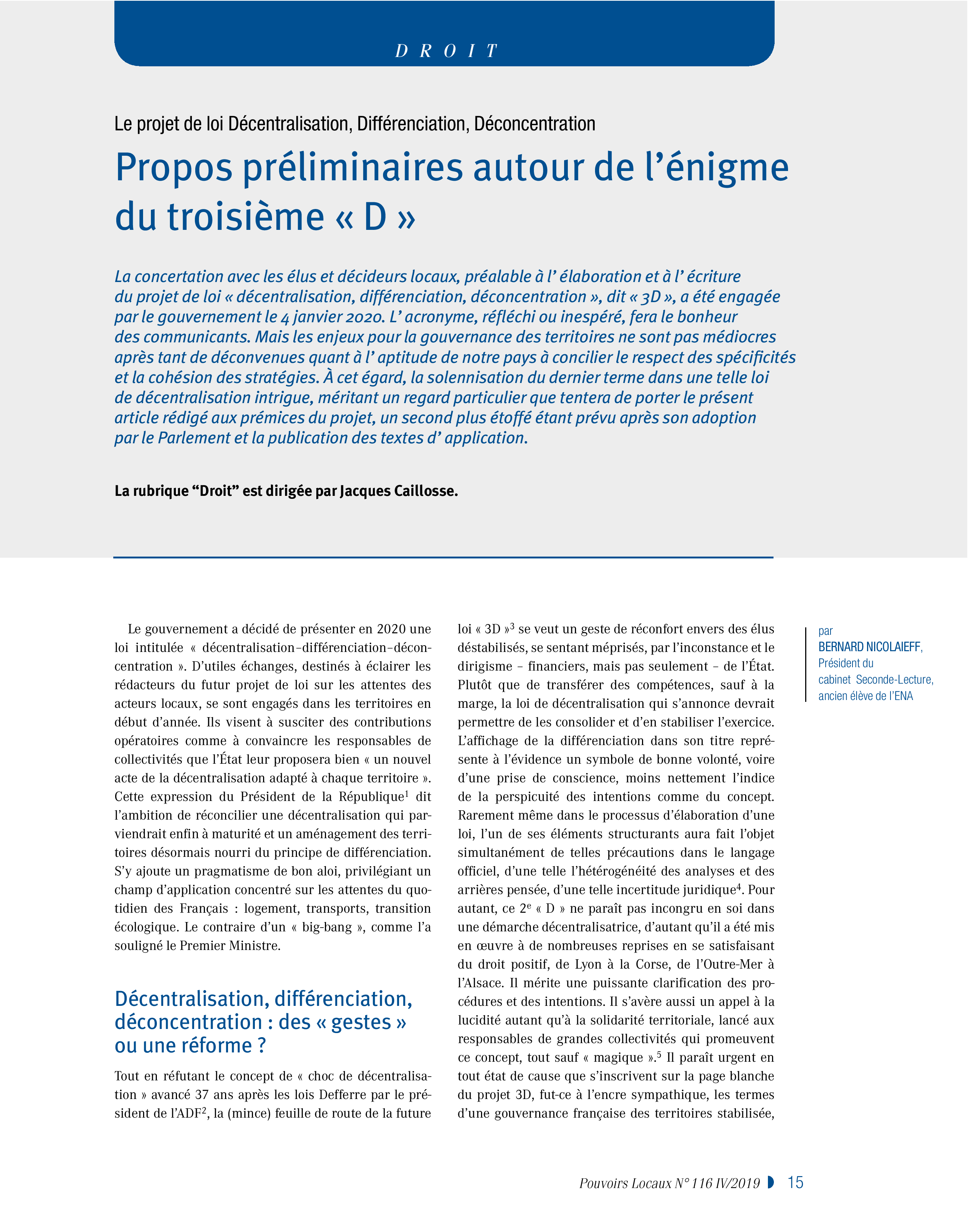 Article : Le projet de loi Décentralisation, Différenciation, Déconcentration. Propos préliminaires autour de l’énigme du troisième « D »