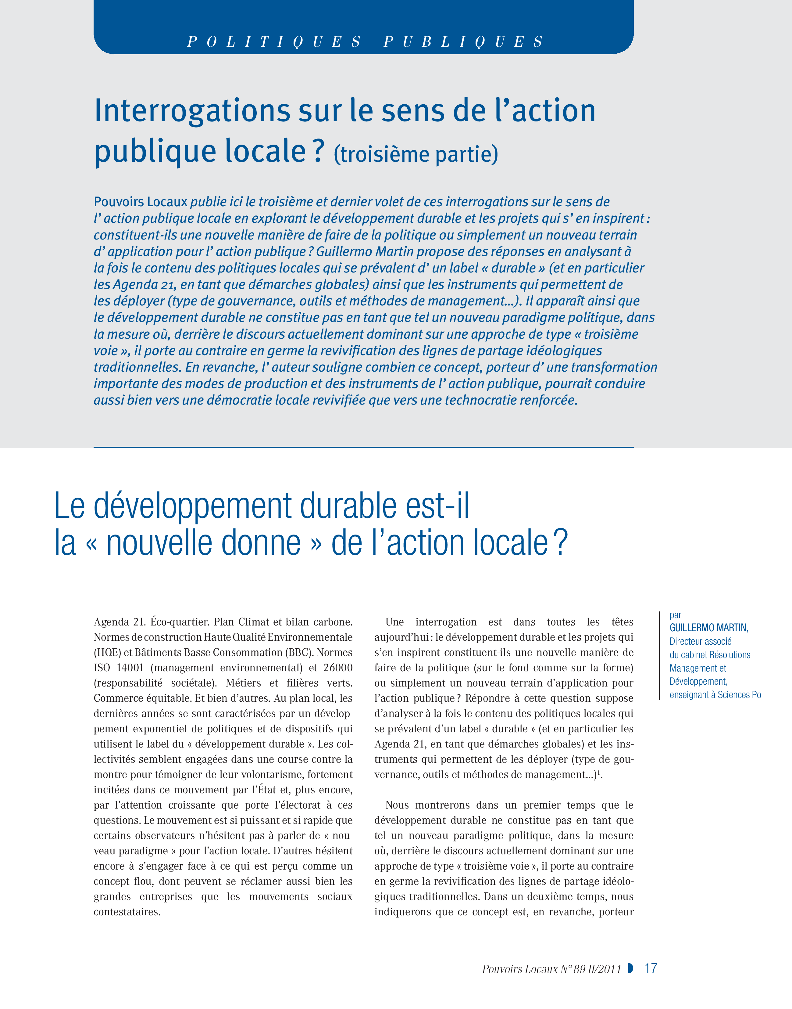 Article : Le développement durable est-il la « nouvelle donne » de l’action locale ?