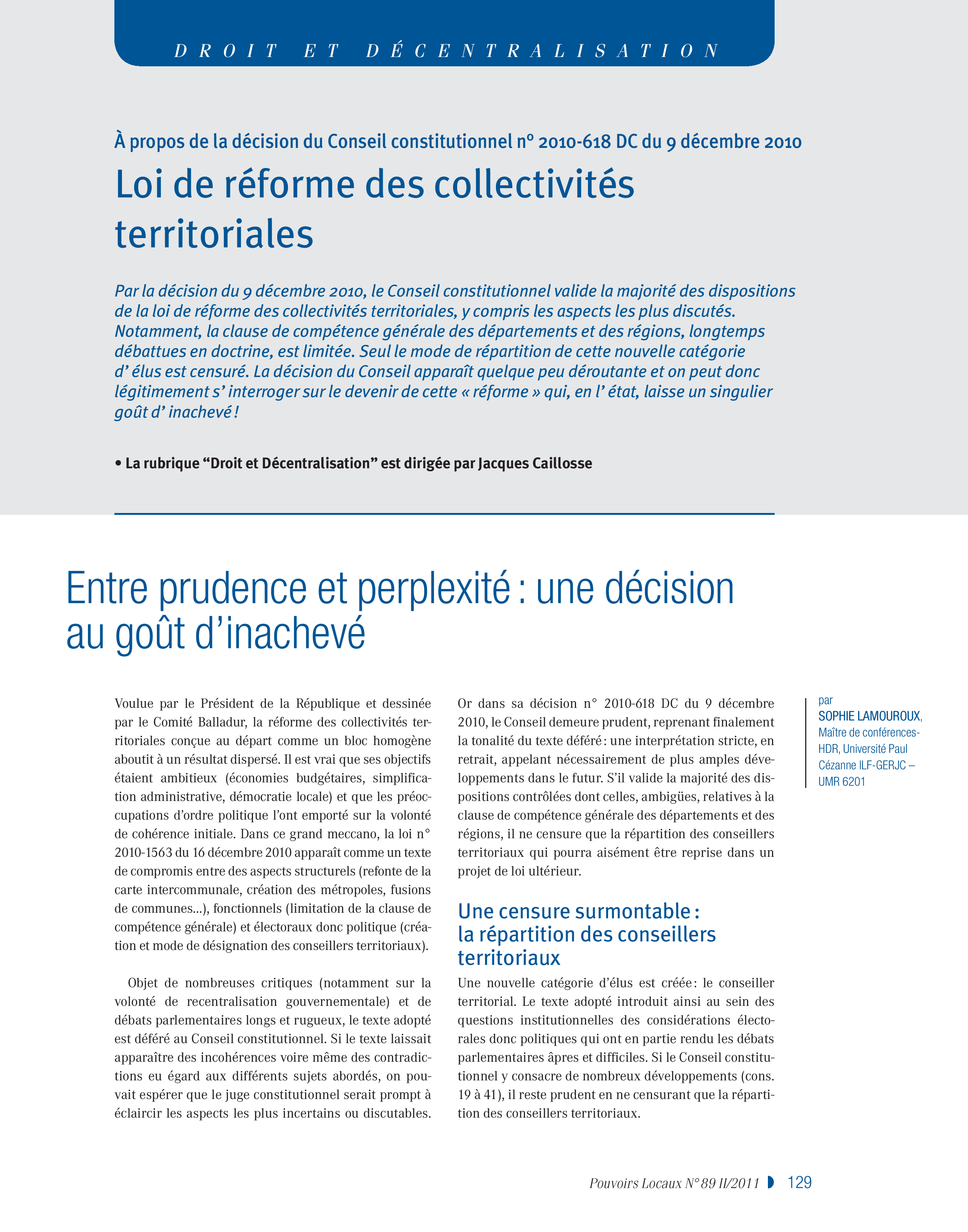 Article : A propos de la décision du Conseil constitutionnel du 9 décembre 1010. Loi de réforme des collectivités territoriales