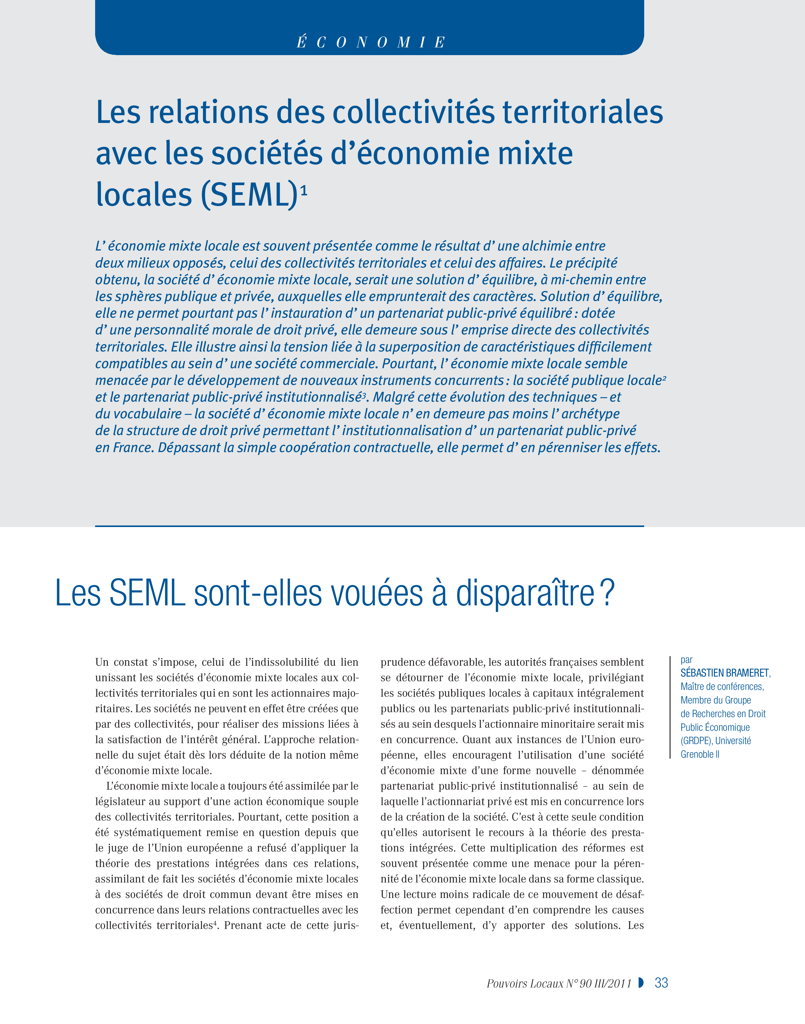 Article : Les relations des collectivités territoriales avec les sociétés d’économie mixtes locales (SEML)
