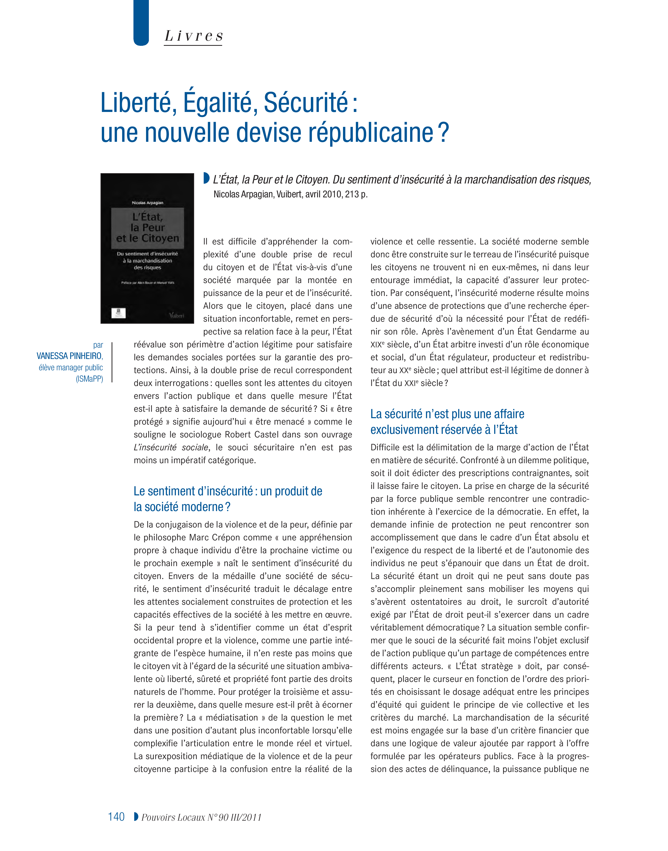Article : Liberté, Egalité, Sécurité : une nouvelle devise républicaine