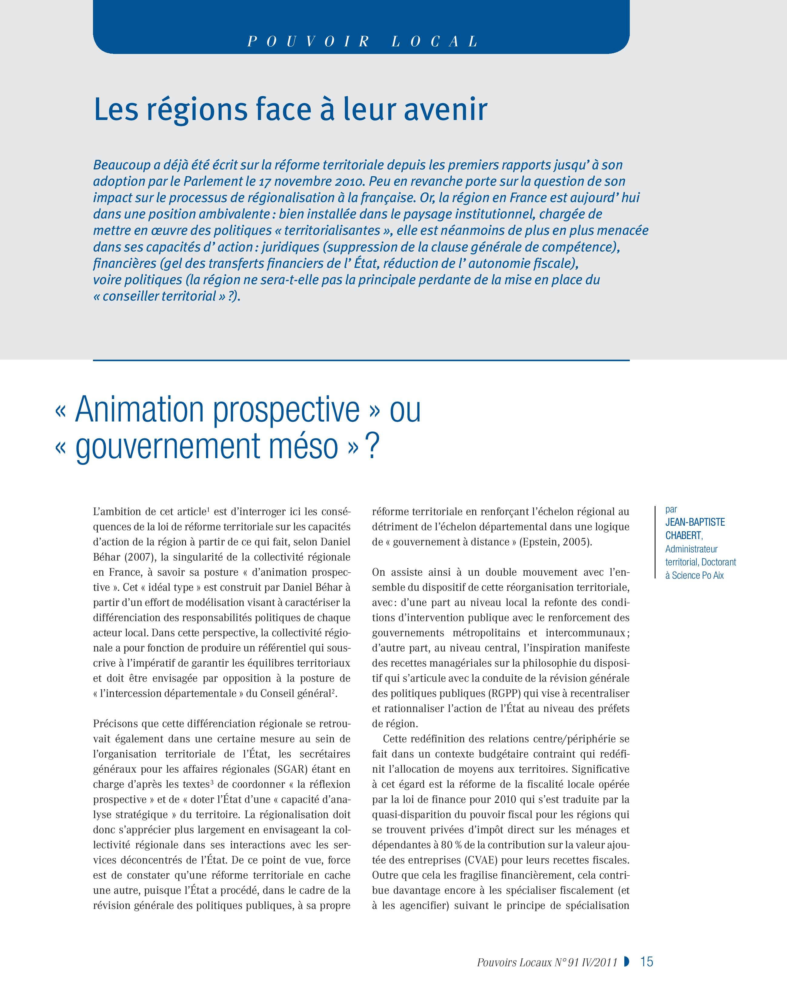 Article : Les régions face à leur avenir : « animation prospective » ou « gouvernement méso »