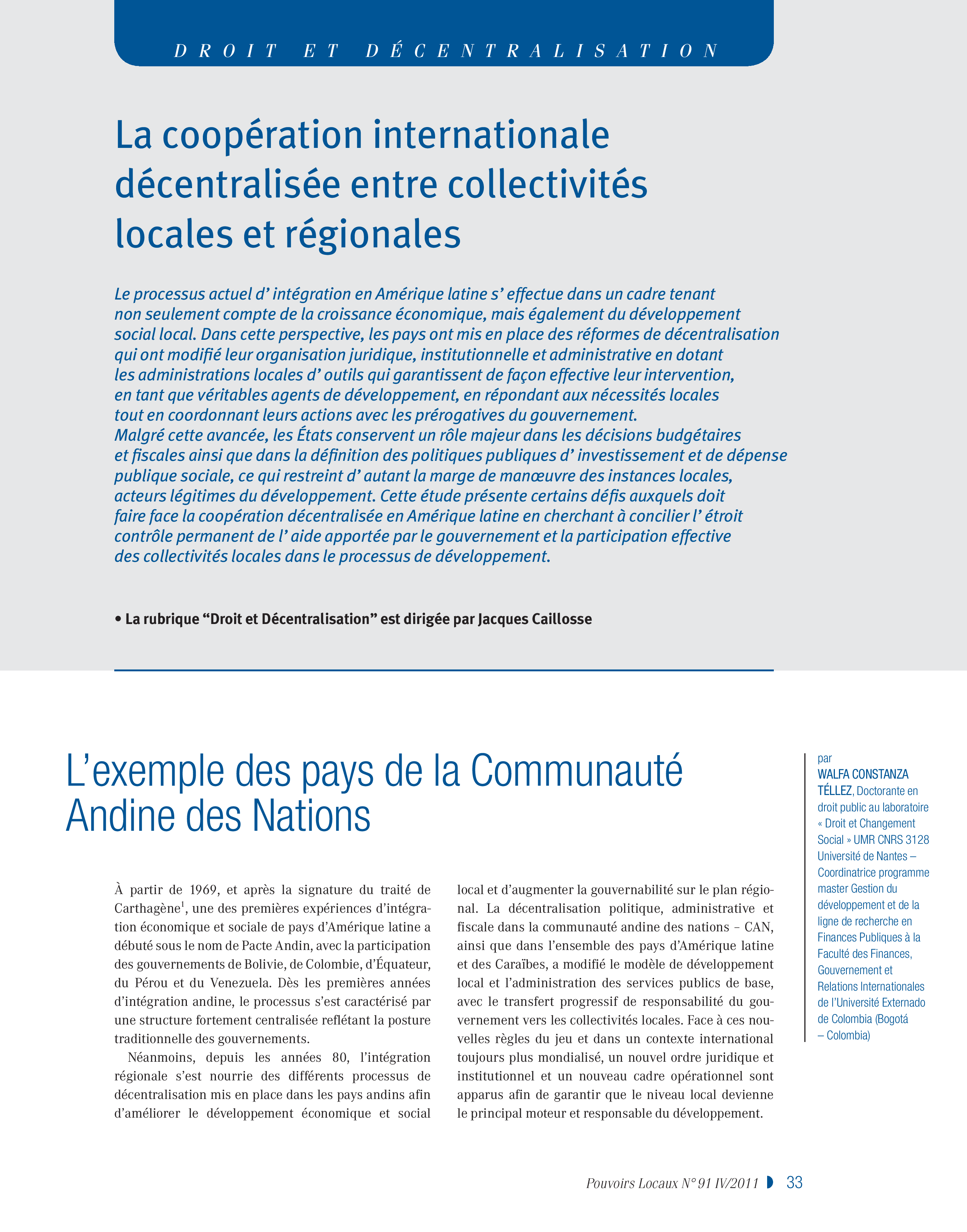 Article : La coopération internationale décentralisée entre collectivités locales et régionales : l’exemple des pays de la Communauté Andine des Nations