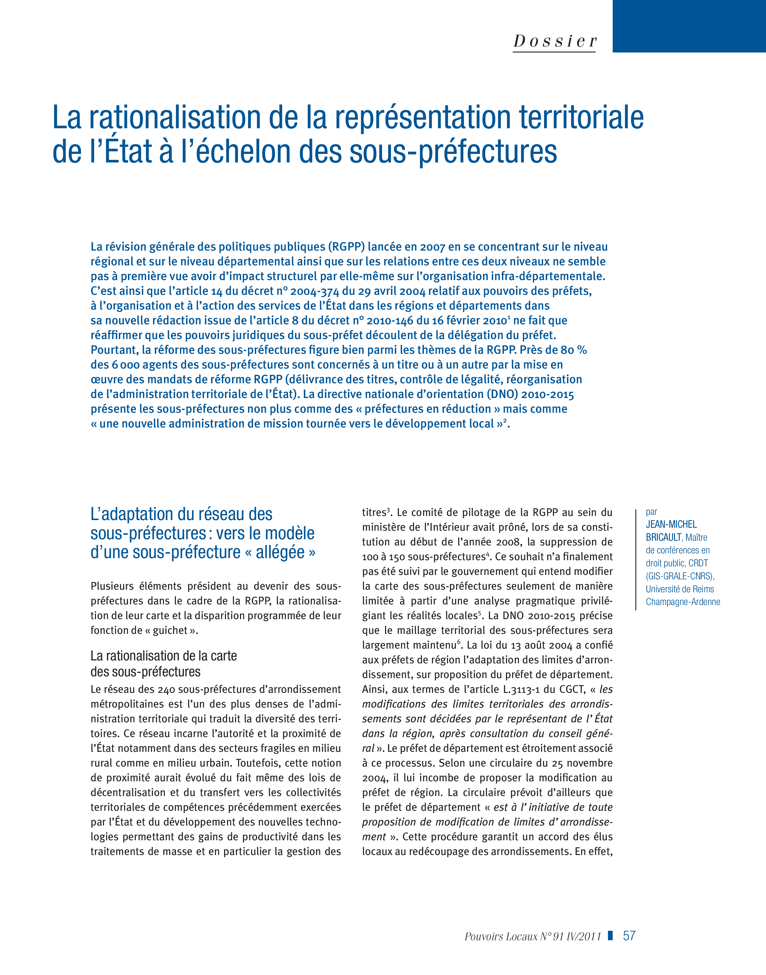 Article : La rationalisation de la représentation territoriale e l’Etat à l’échelon des sous-préfectures