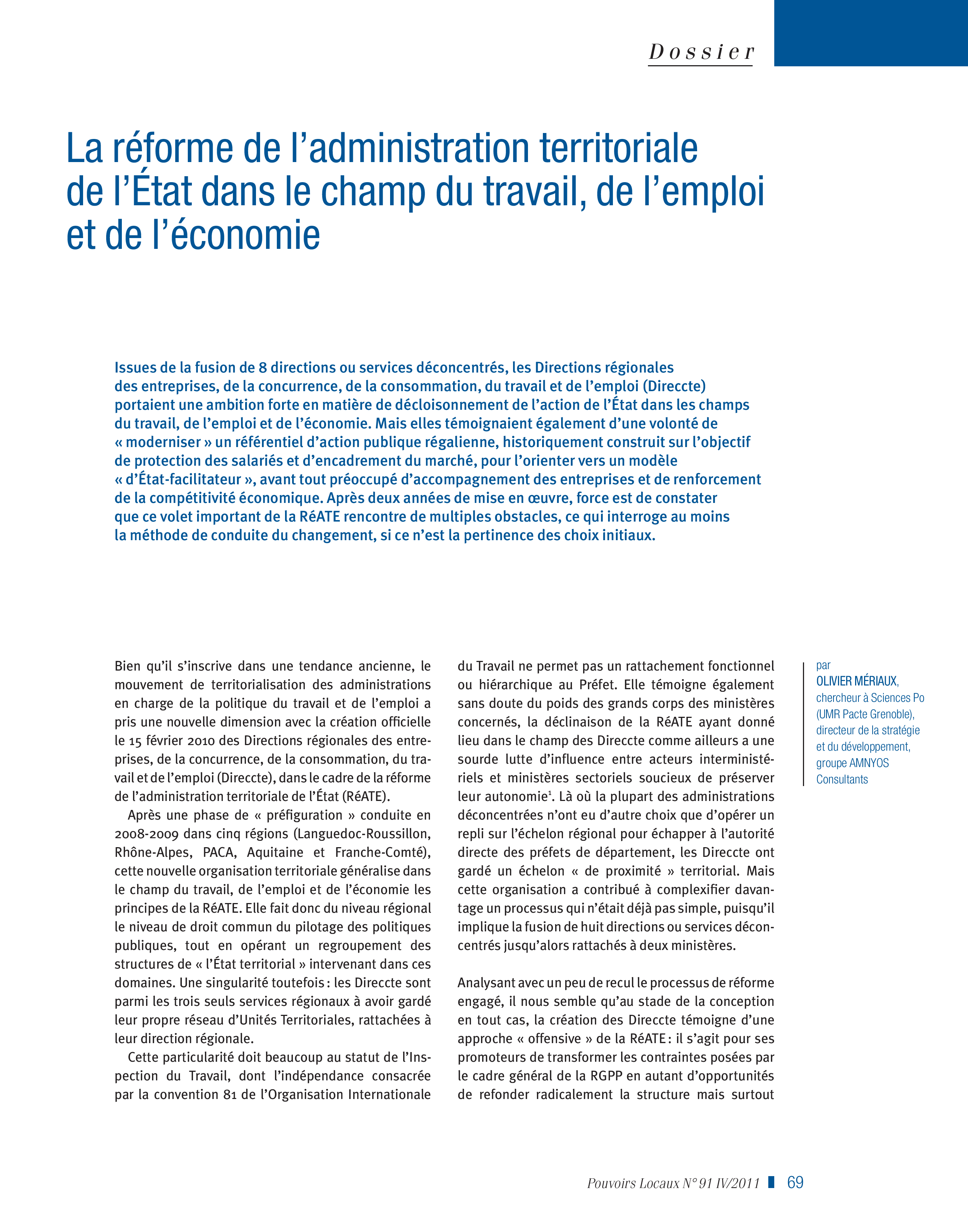 Article : La réforme de l’administration territoriale de l’Etat dans le champ du travail, de l’emploi et de l’économie