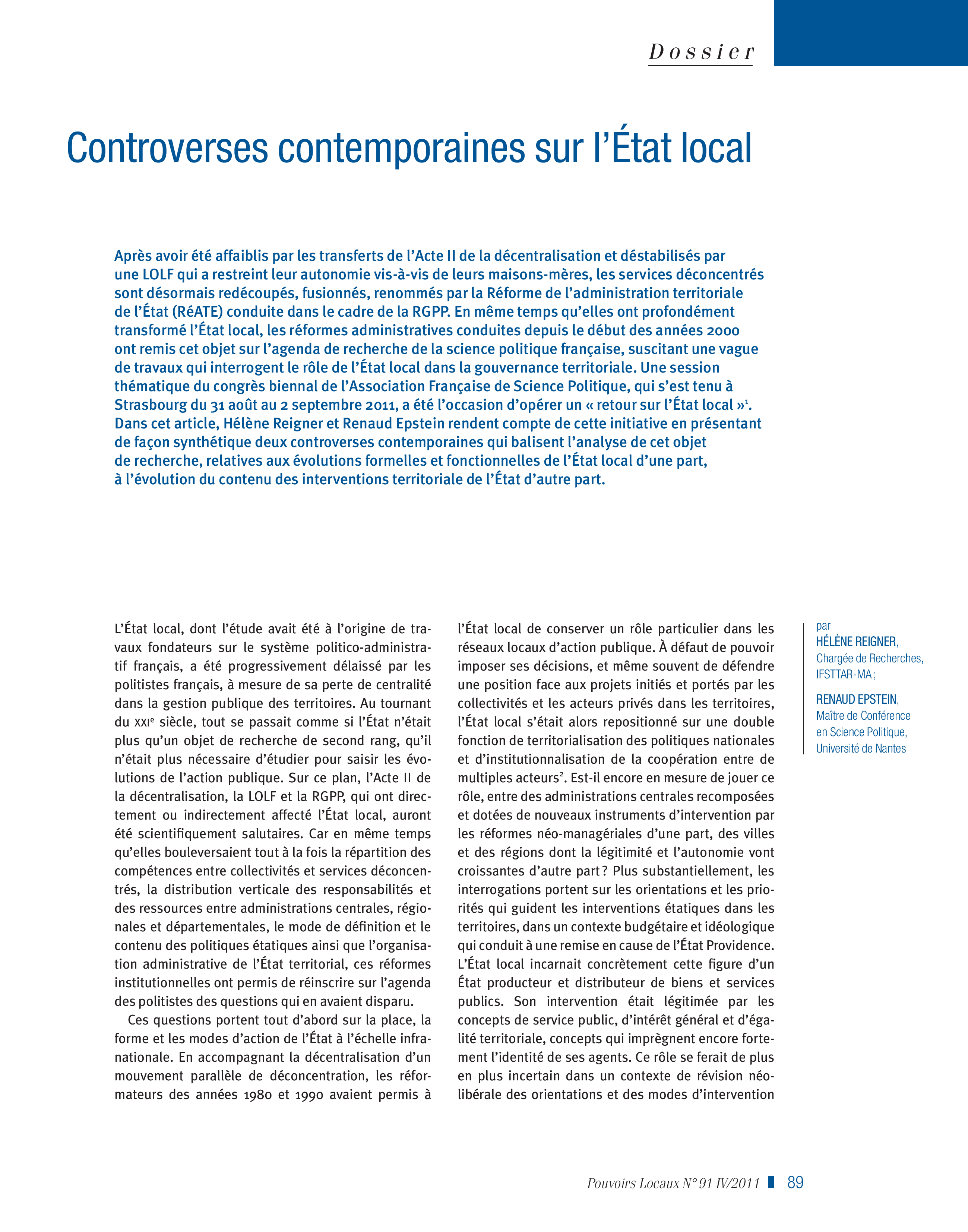 Article : Controverses contemporaines sur l’Etat local