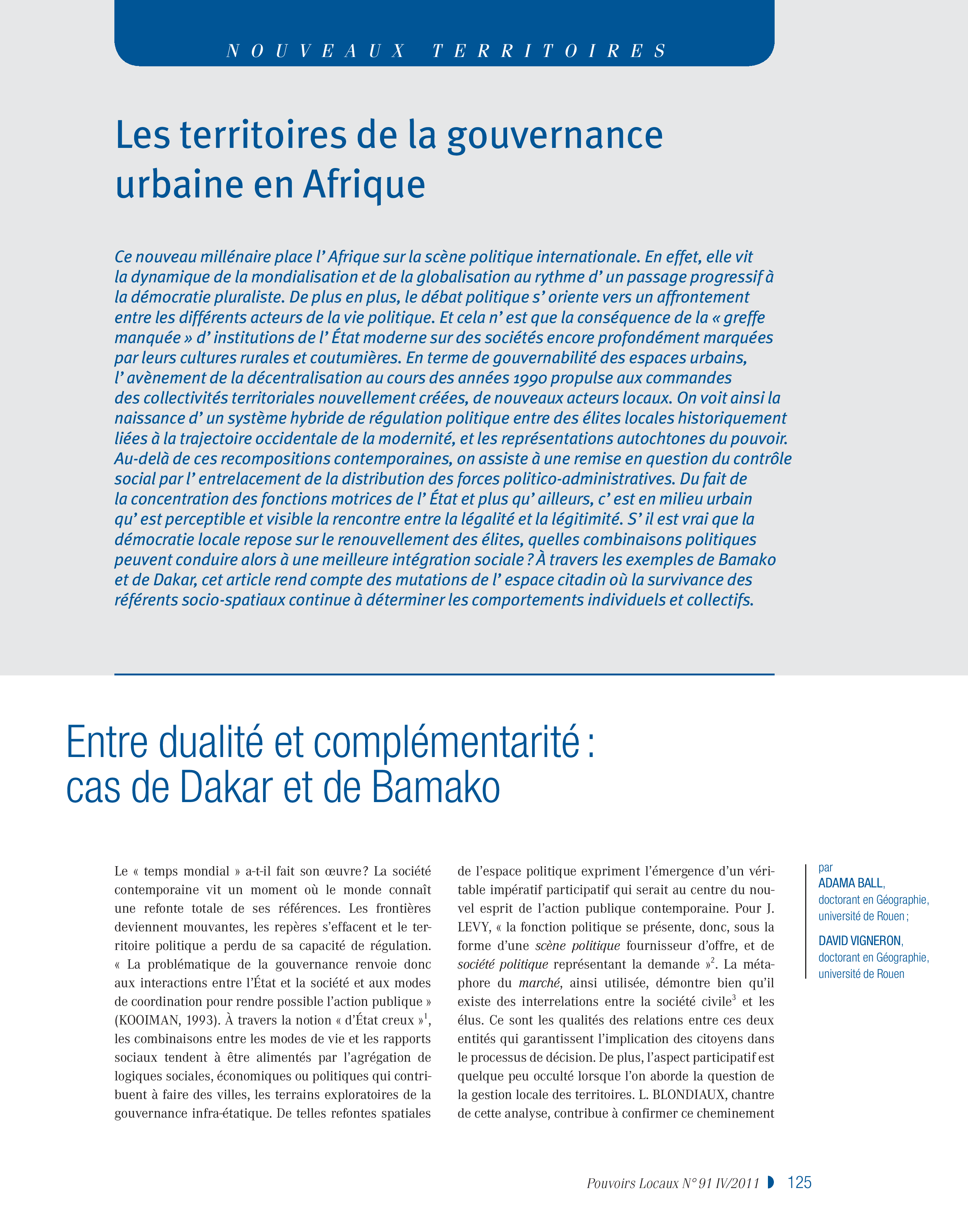 Article : Les territoires de la gouvernance urbaine en Afrique. Entre dualité et complémentarité : cas de Dakar et de Bamako