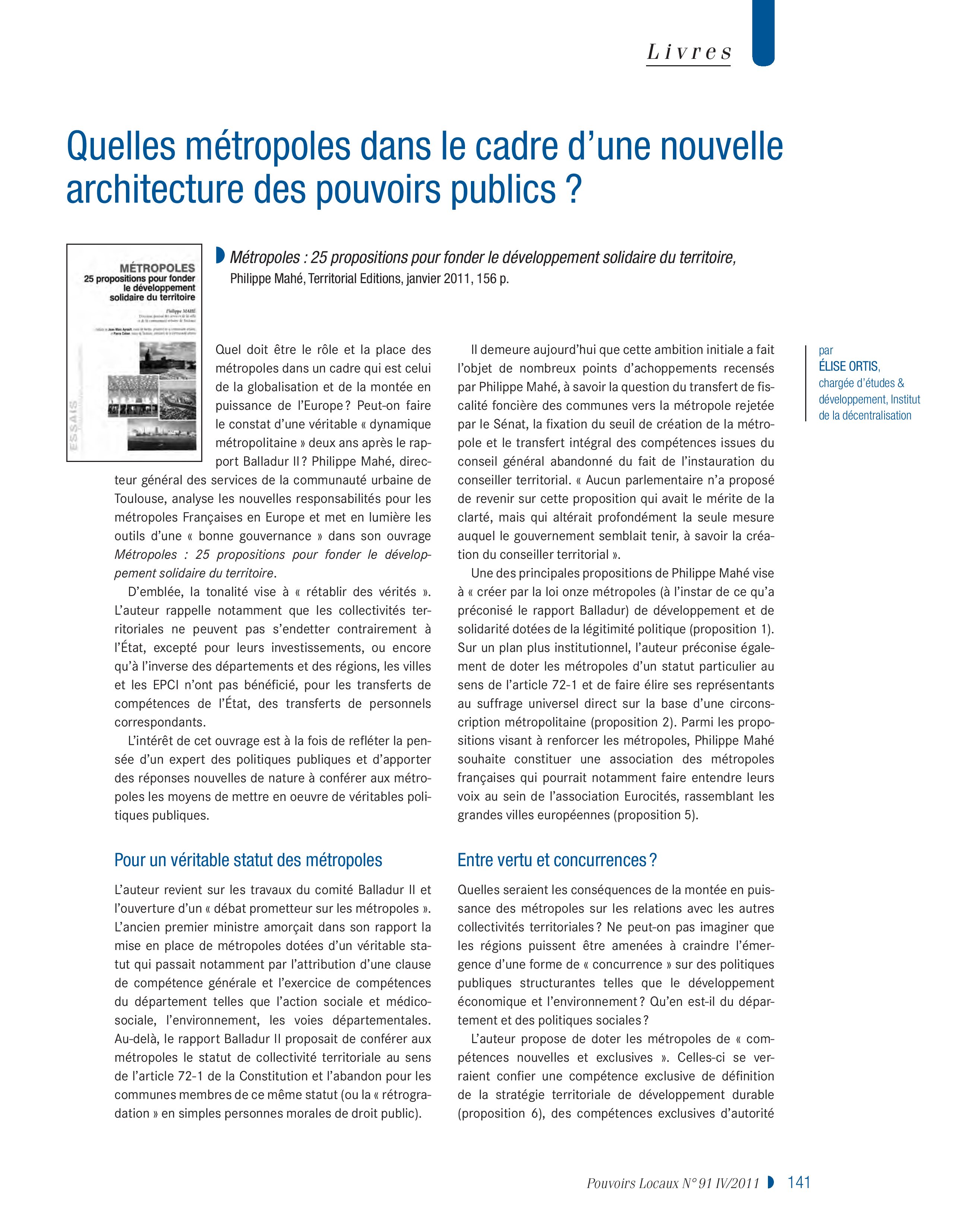 Article : Quelles métropoles dans le cadre d’une nouvelle architecture des pouvoirs publics ? 