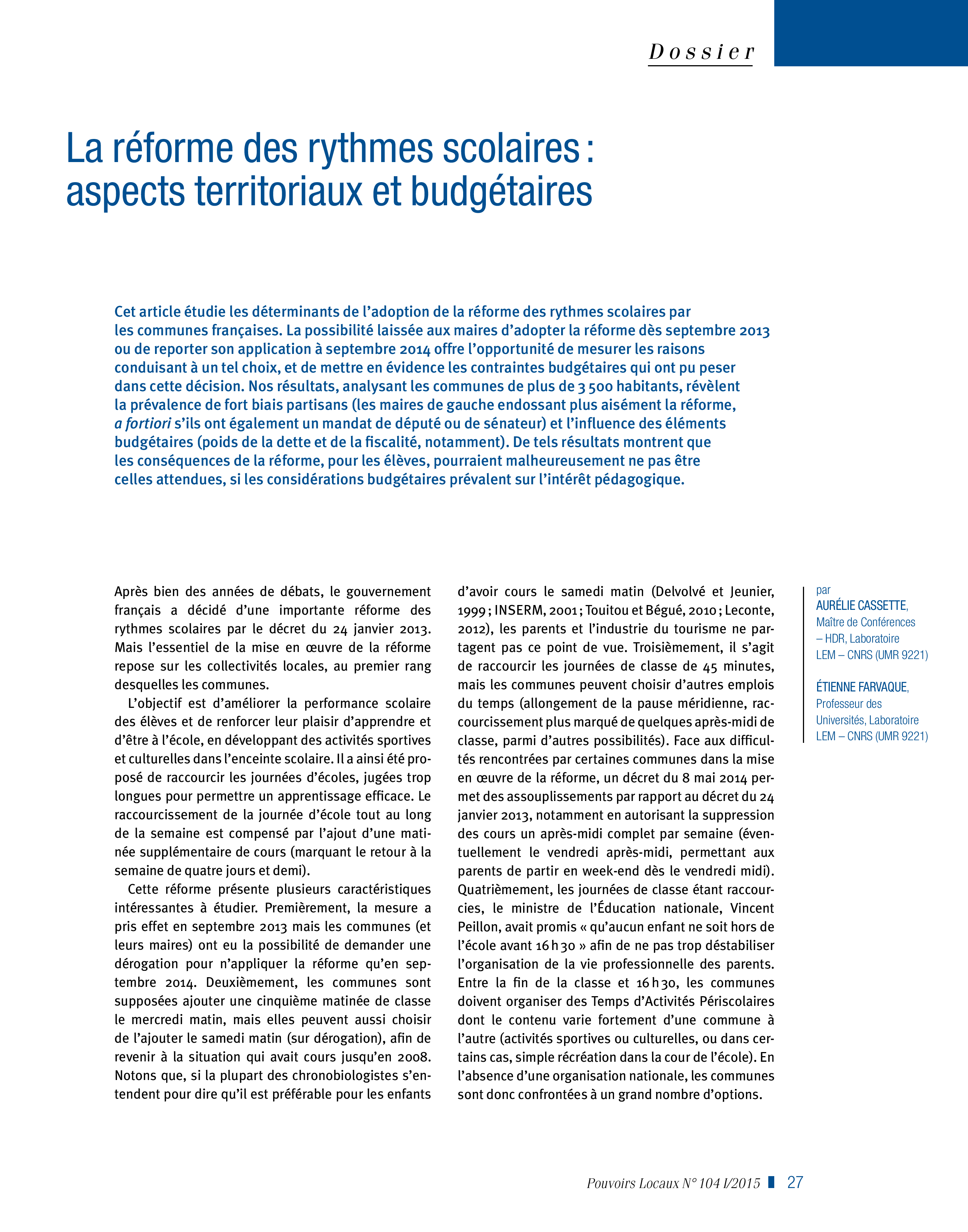 Article : La réforme des rythmes scolaires : aspects territoriaux et budgétaires