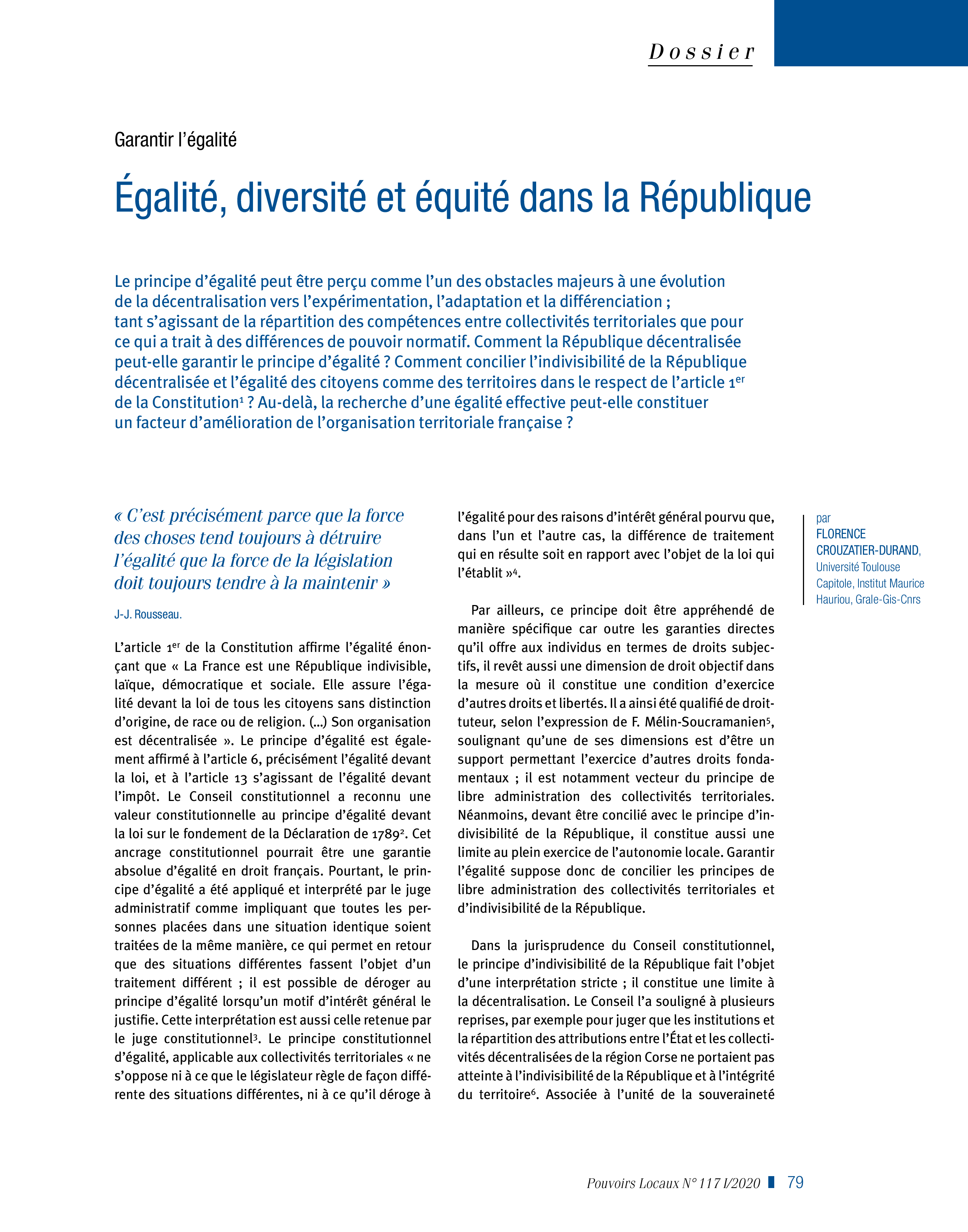 Article : Garantir l’égalité. Égalité, diversité et équité dans la République