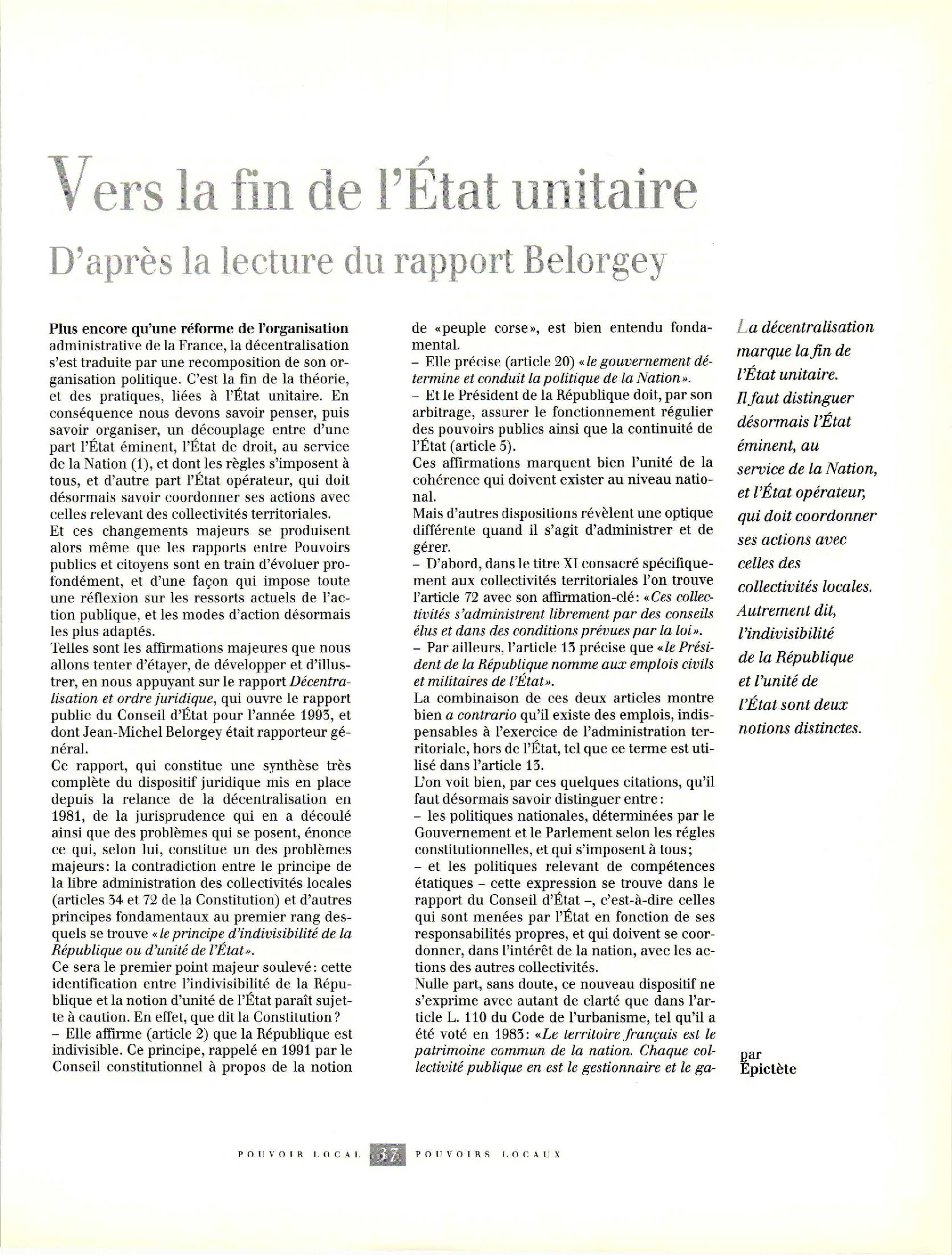 Article : Vers la fin de l’État unitaire (Rapport Belorgey)
