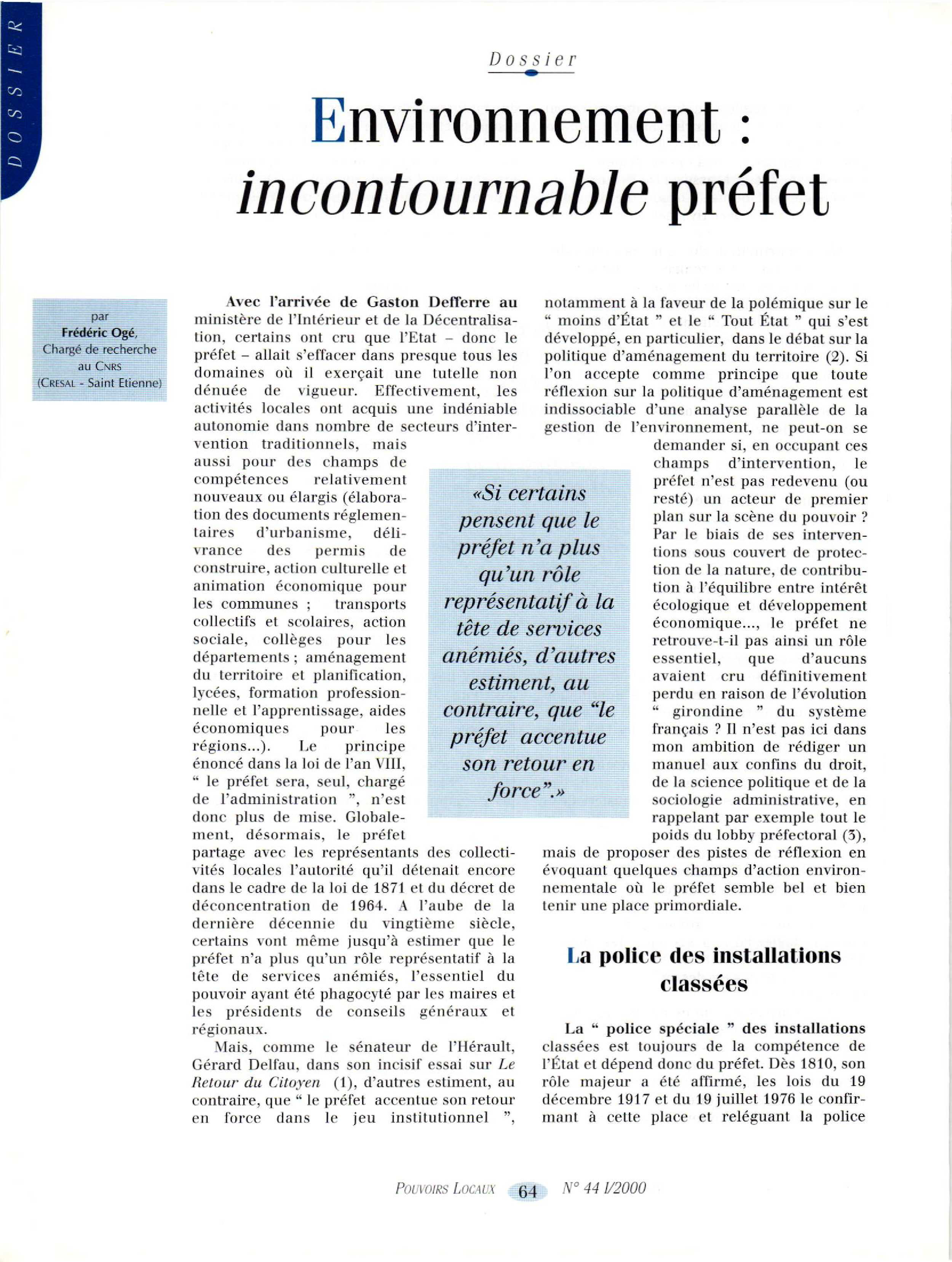 Article :   Environnement : incontournable préfet