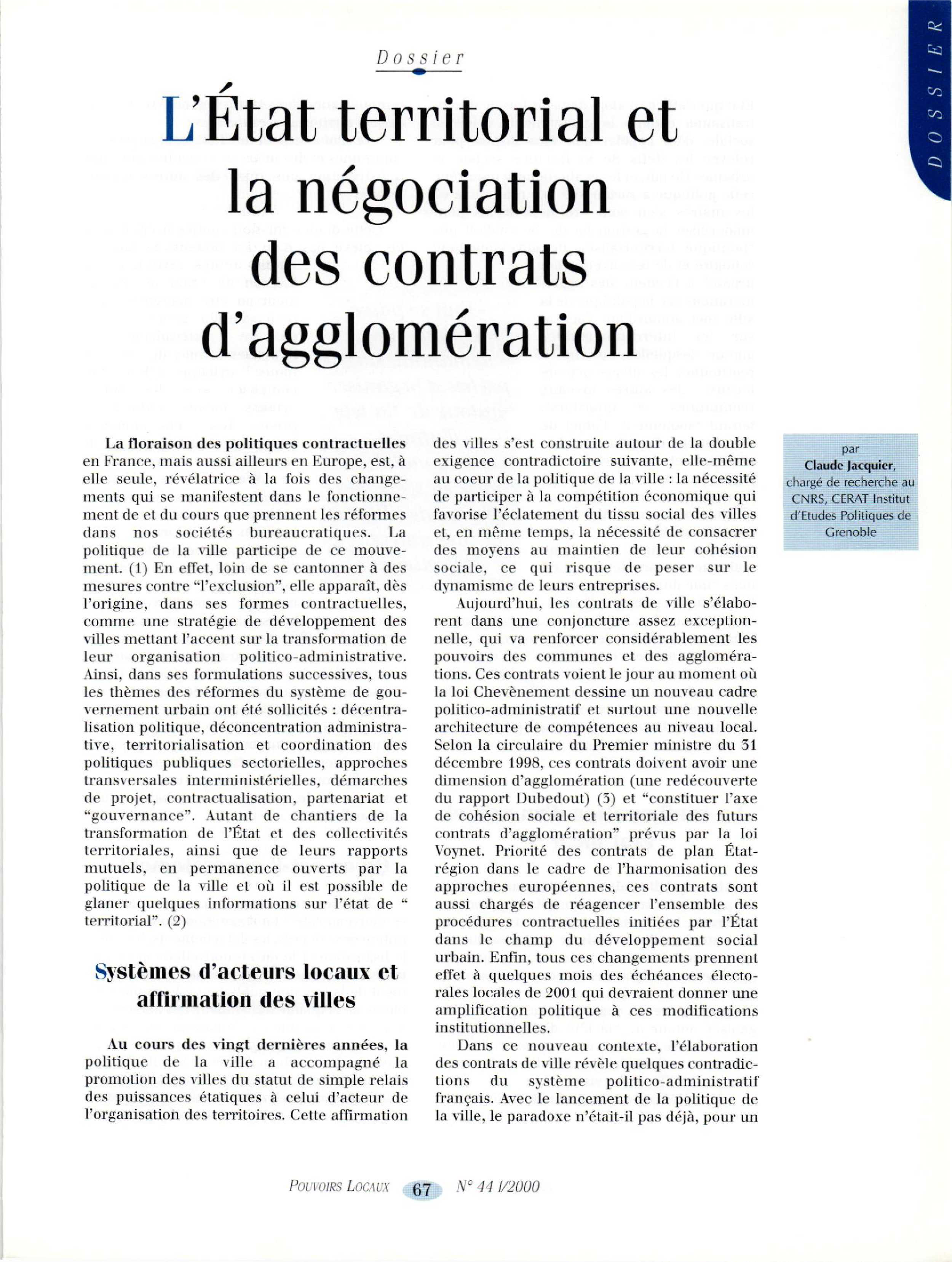 Article : L’Etat territorial et la négociation des contrats d’agglomération