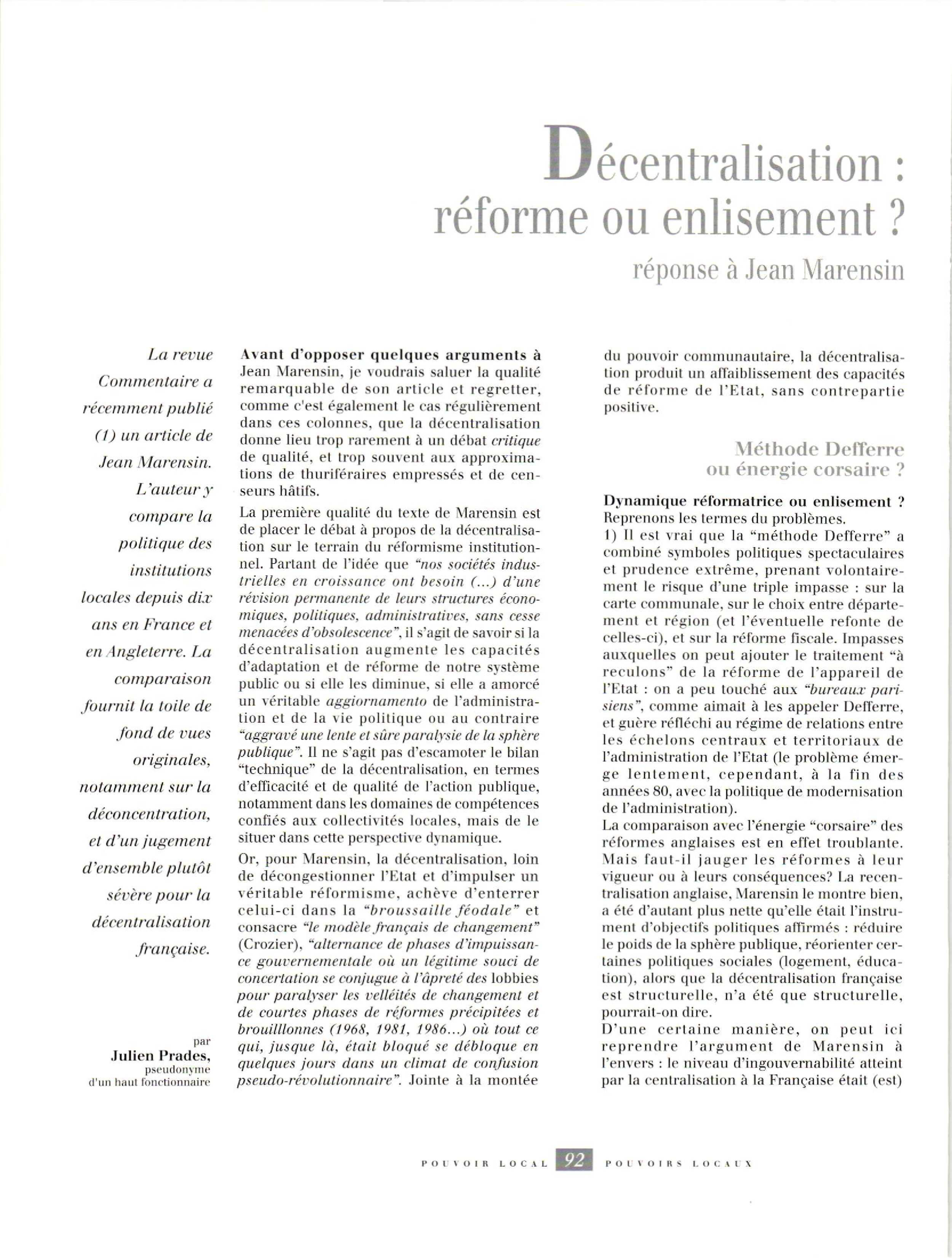 Article : Décentralisation : réforme ou enlisement, réponse à Jean Marensin