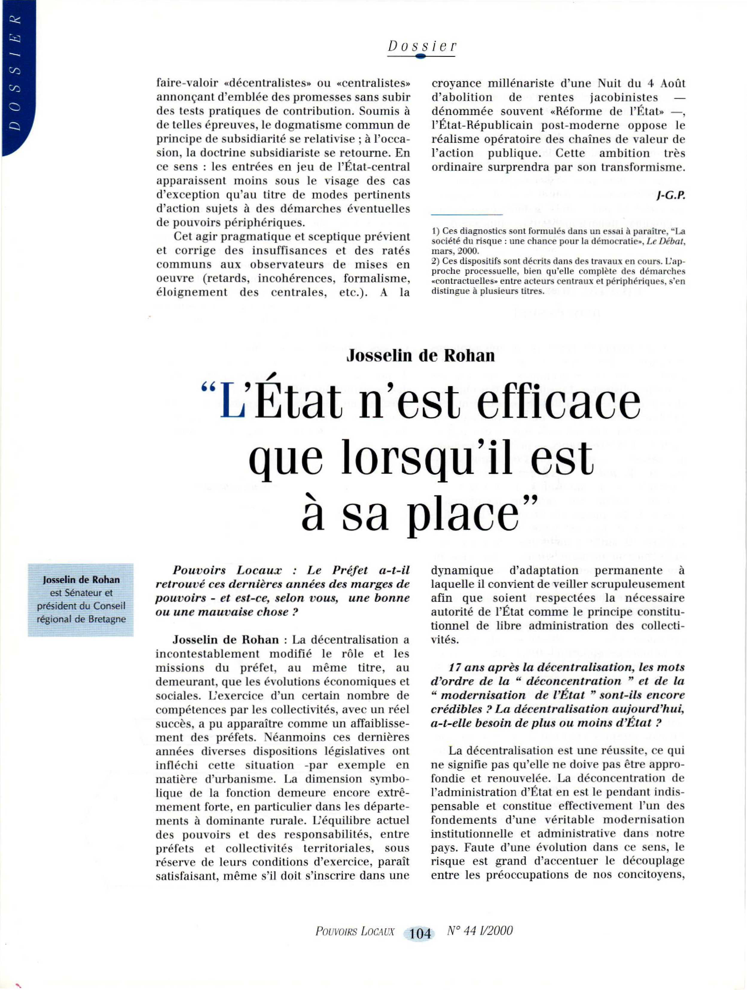 Article :   Entretien avec Josselin de Rohan